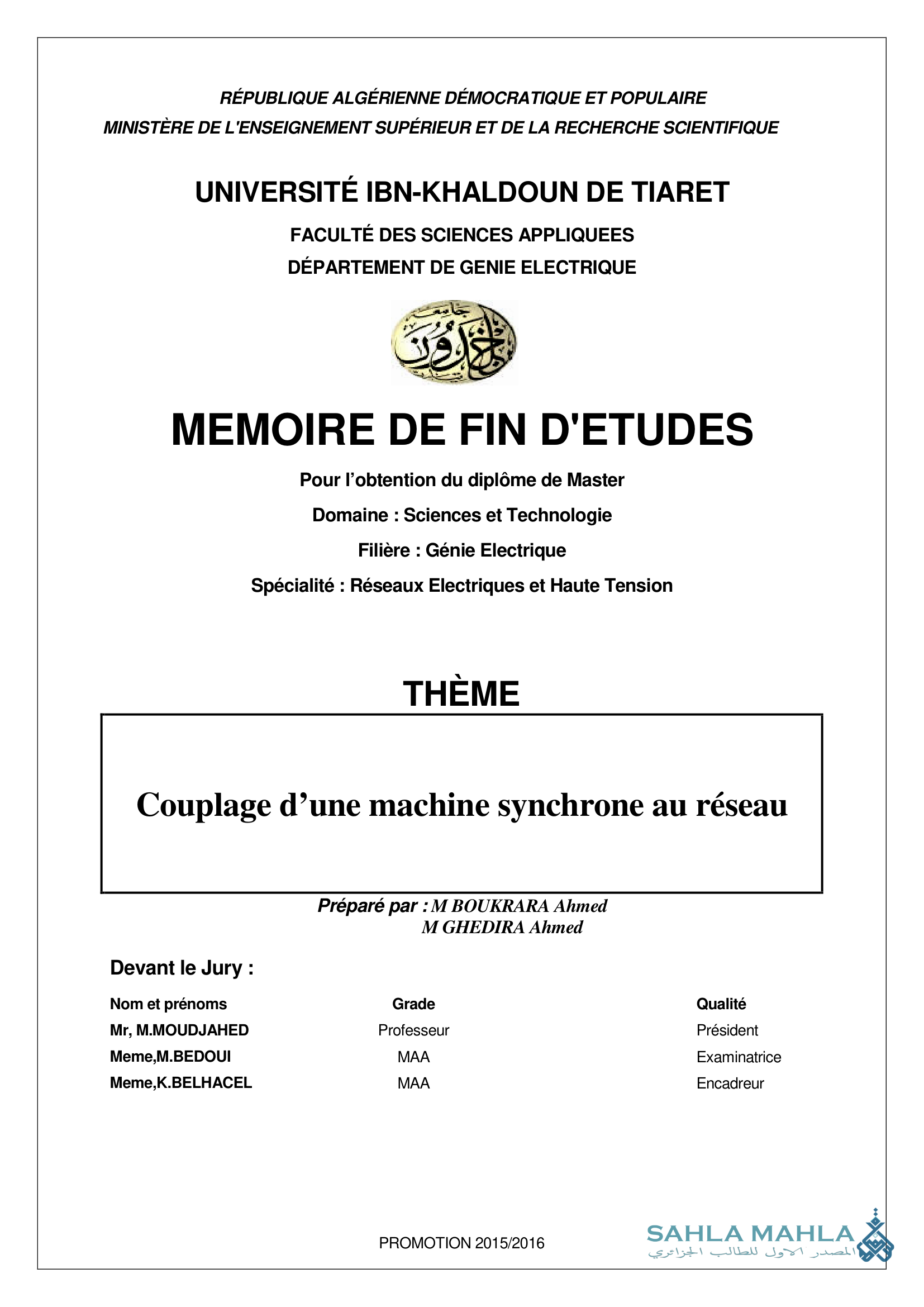 Couplage d'une machine synchrone au réseau