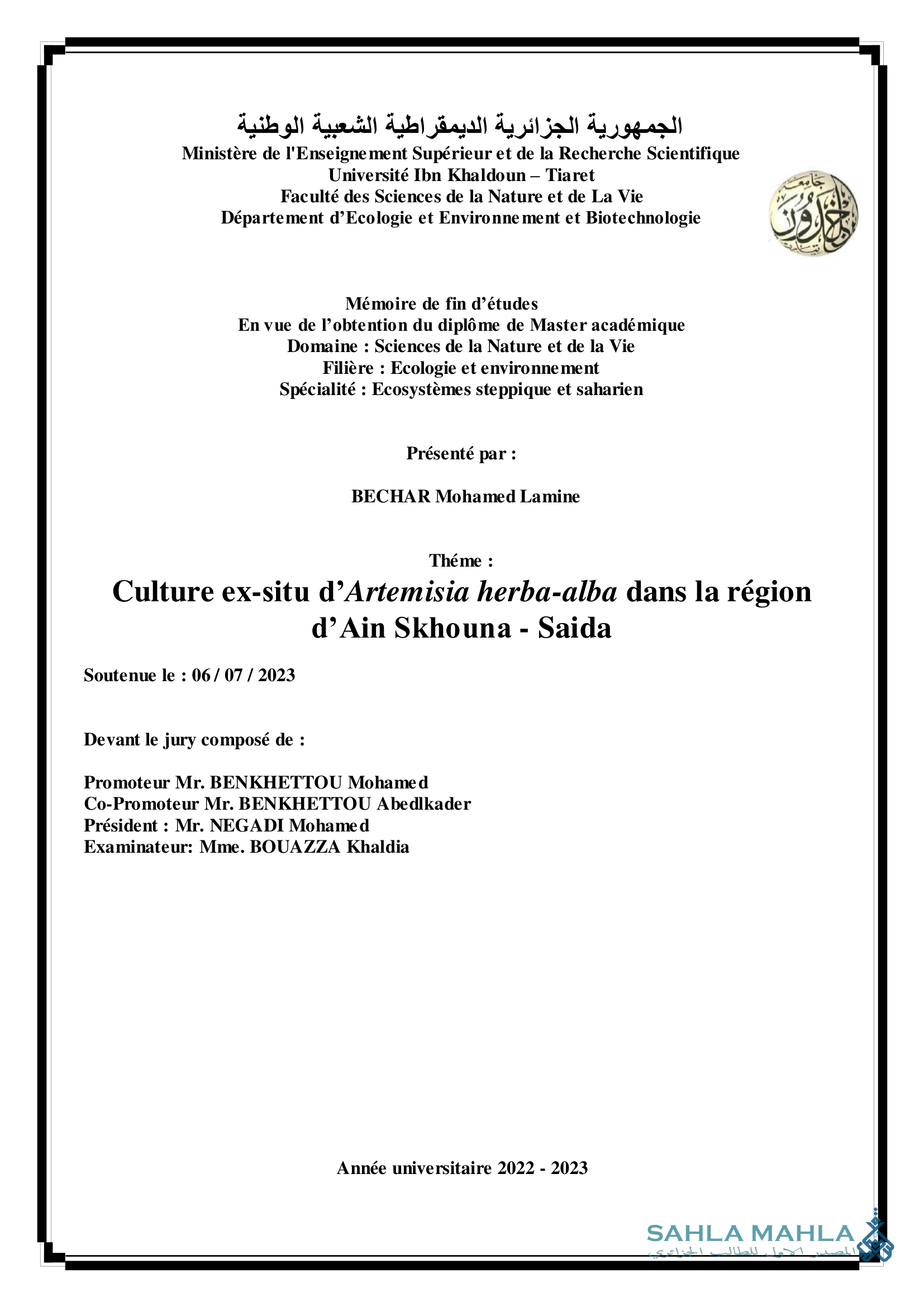 Culture ex-situ d'Artemisia herba-alba dans la région d'Ain Skhouna - Saida