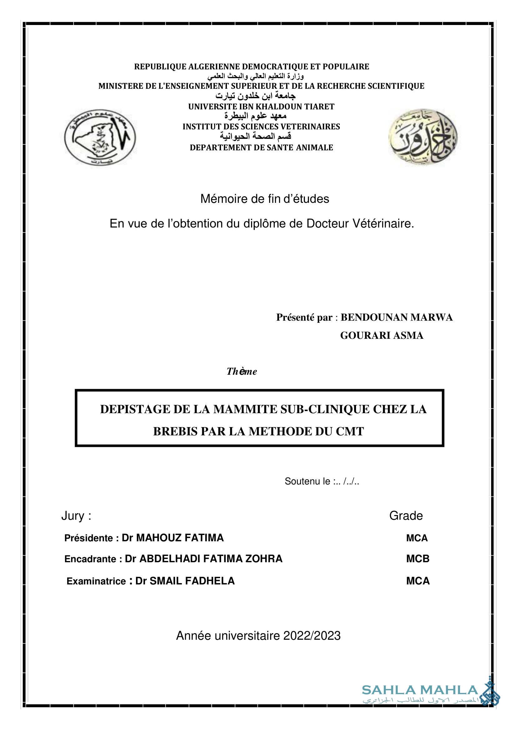 DEPISTAGE DE LA MAMMITE SUB-CLINIQUE CHEZ LA BREBIS PAR LA METHODE DU CMT