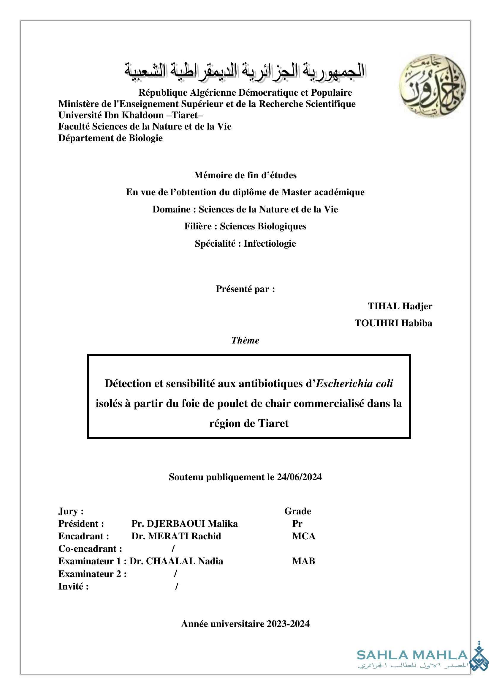 Détection et sensibilité aux antibiotiques d'Escherichia coli isolés à partir du foie de poulet de chair commercialisé dans la région de Tiaret