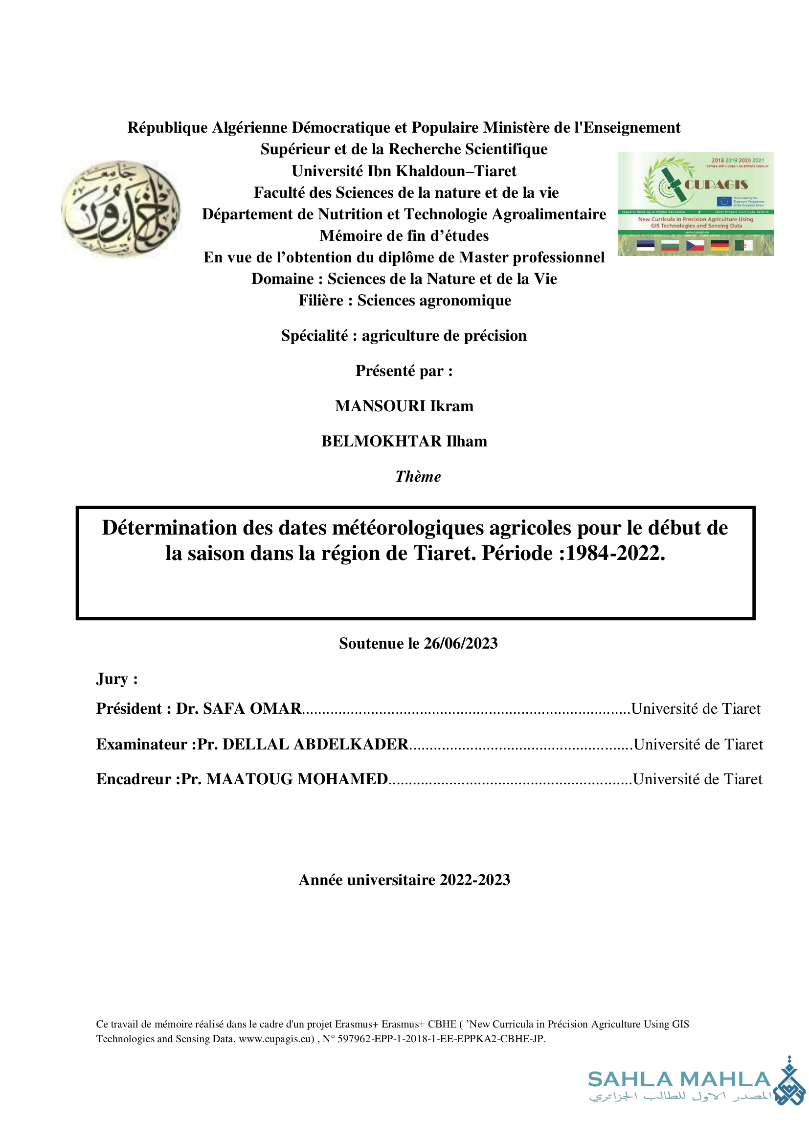 Détermination des dates météorologiques agricoles pour le début de la saison dans la région de Tiaret. Période :1984-2022.