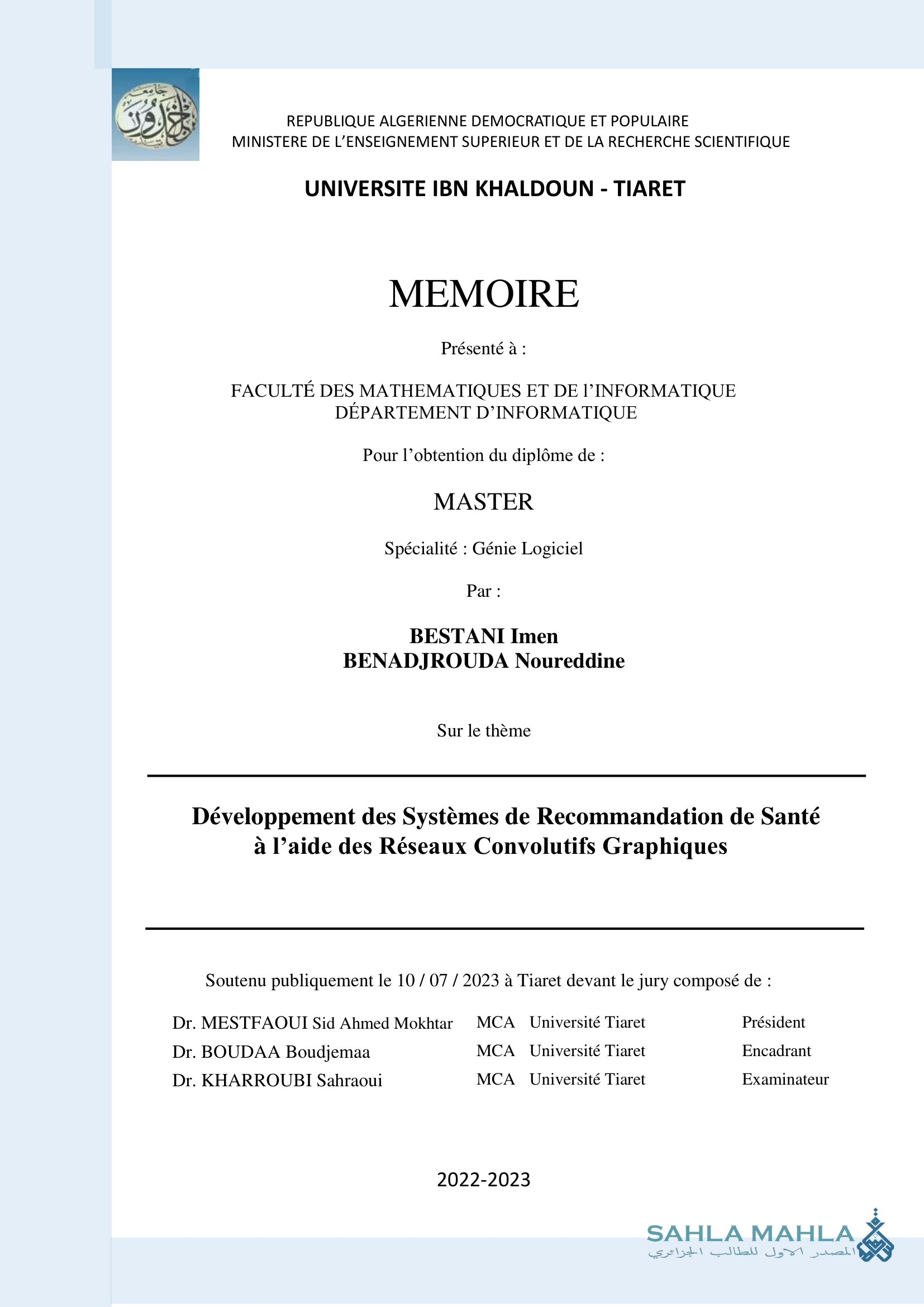 Développement des Systèmes de Recommandation de Santé à l'aide des Réseaux Convolutifs Graphiques