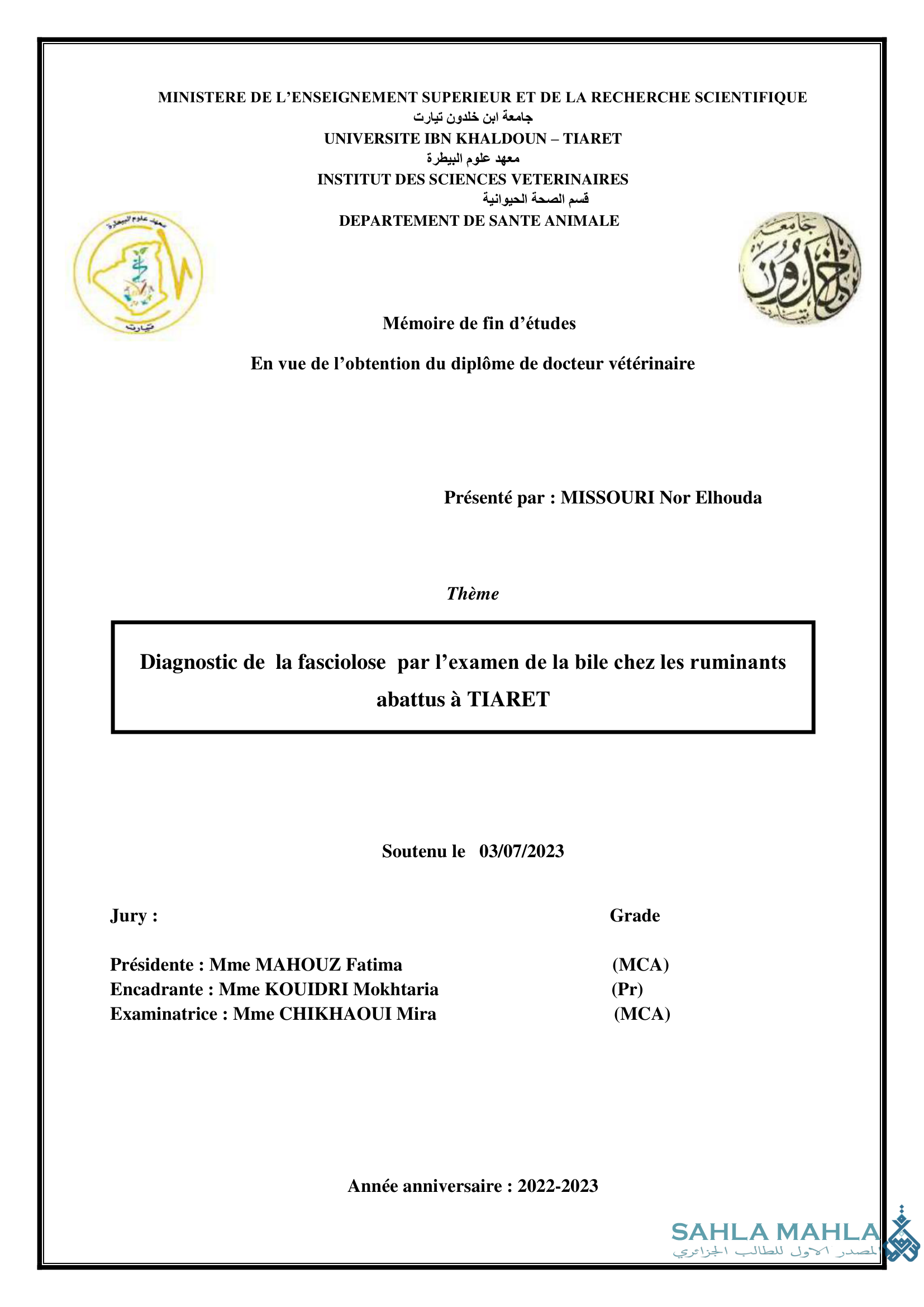 Diagnostic de la fasciolose par l'examen de la bile chez les ruminants abattus à TIARET