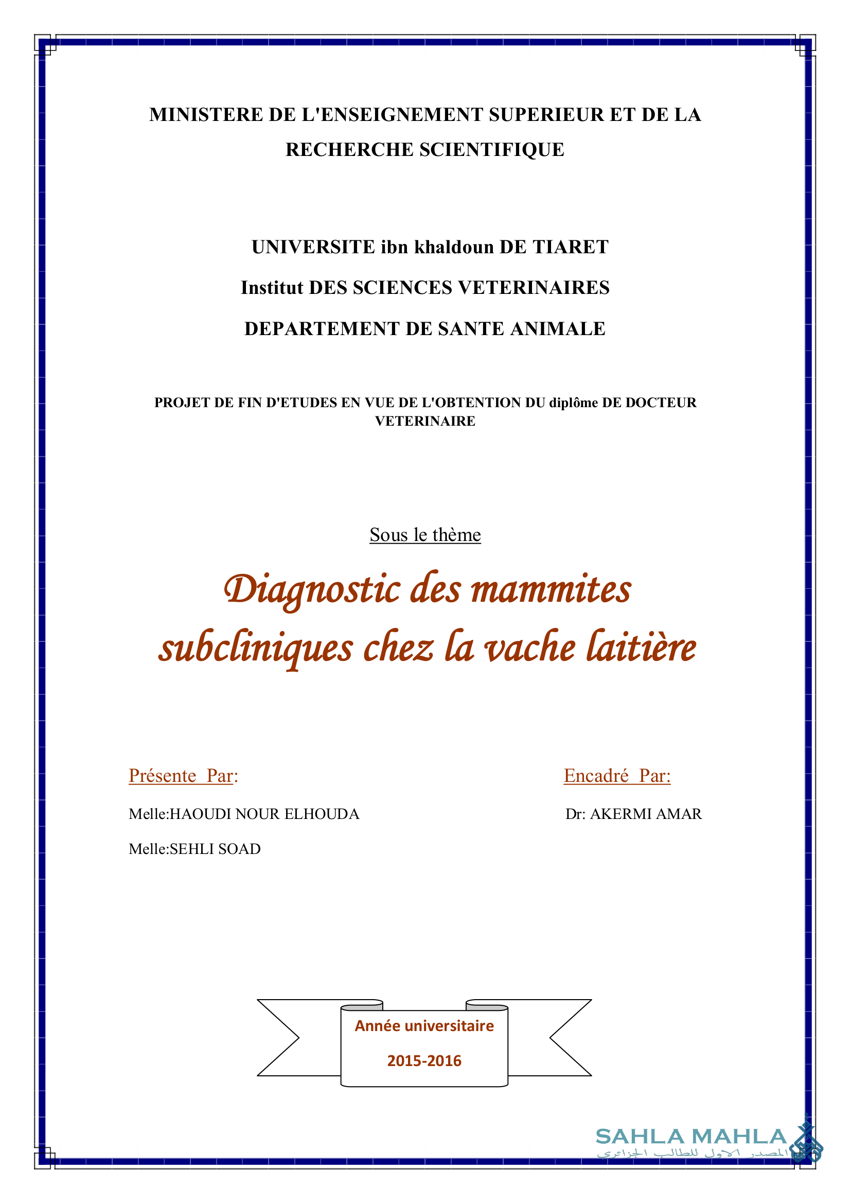 Diagnostic des mammites subcliniques chez la vache laitière