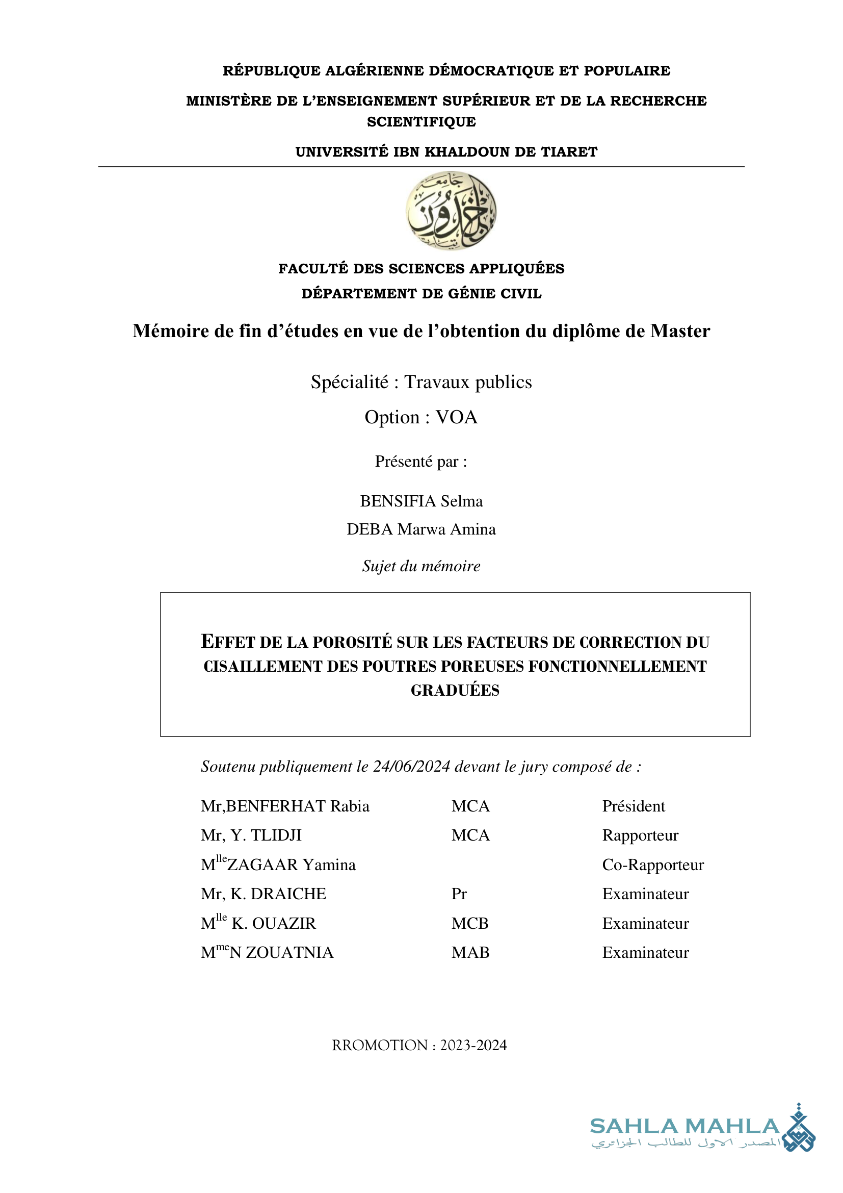 EFFET DE LA POROSITÉ SUR LES FACTEURS DE CORRECTION DU CISAILLEMENT DES POUTRES POREUSES FONCTIONNELLEMENT GRADUÉES