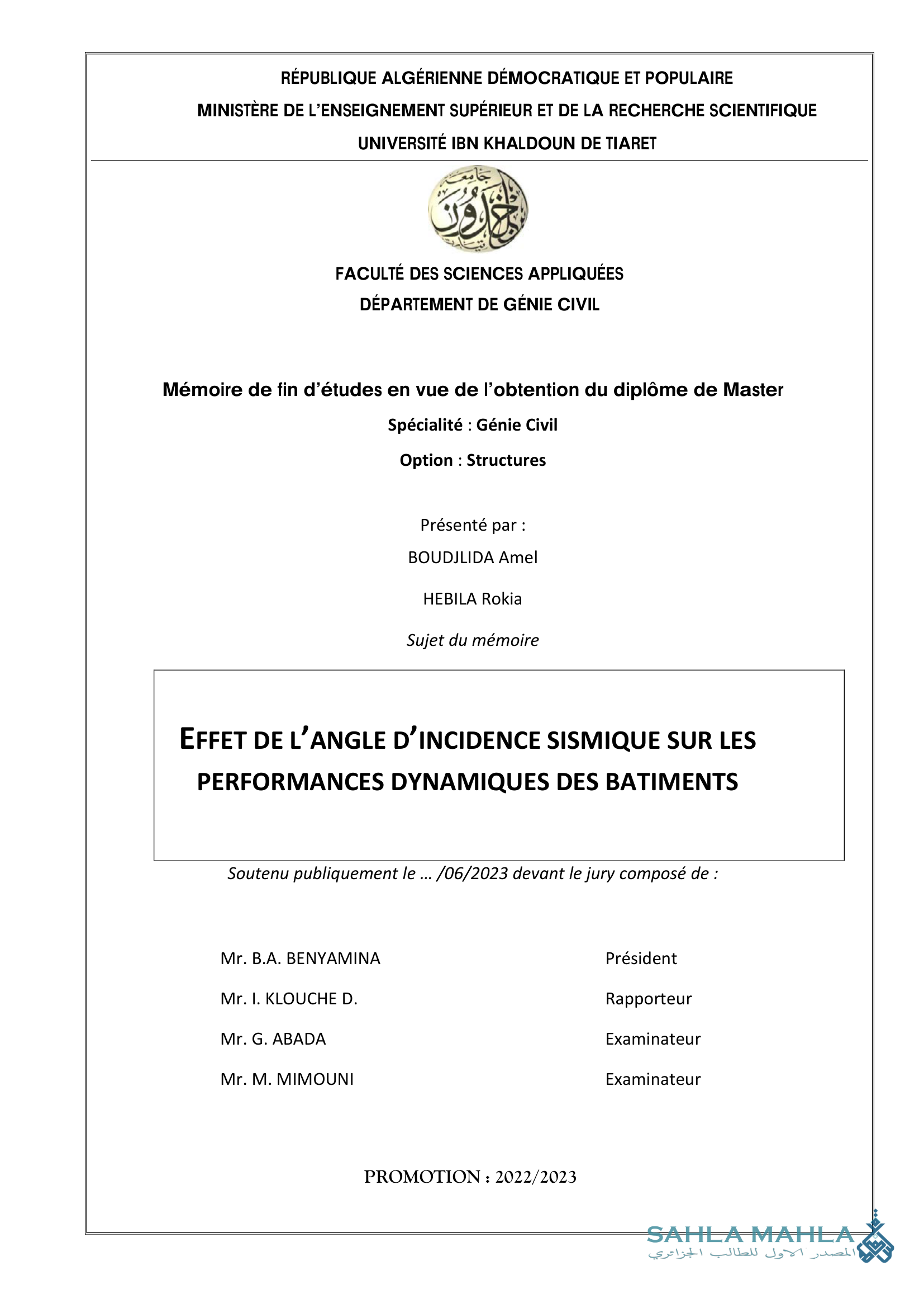 EFFET DE L'ANGLE D'INCIDENCE SISMIQUE SUR LES PERFORMANCES DYNAMIQUES DES BATIMENTS