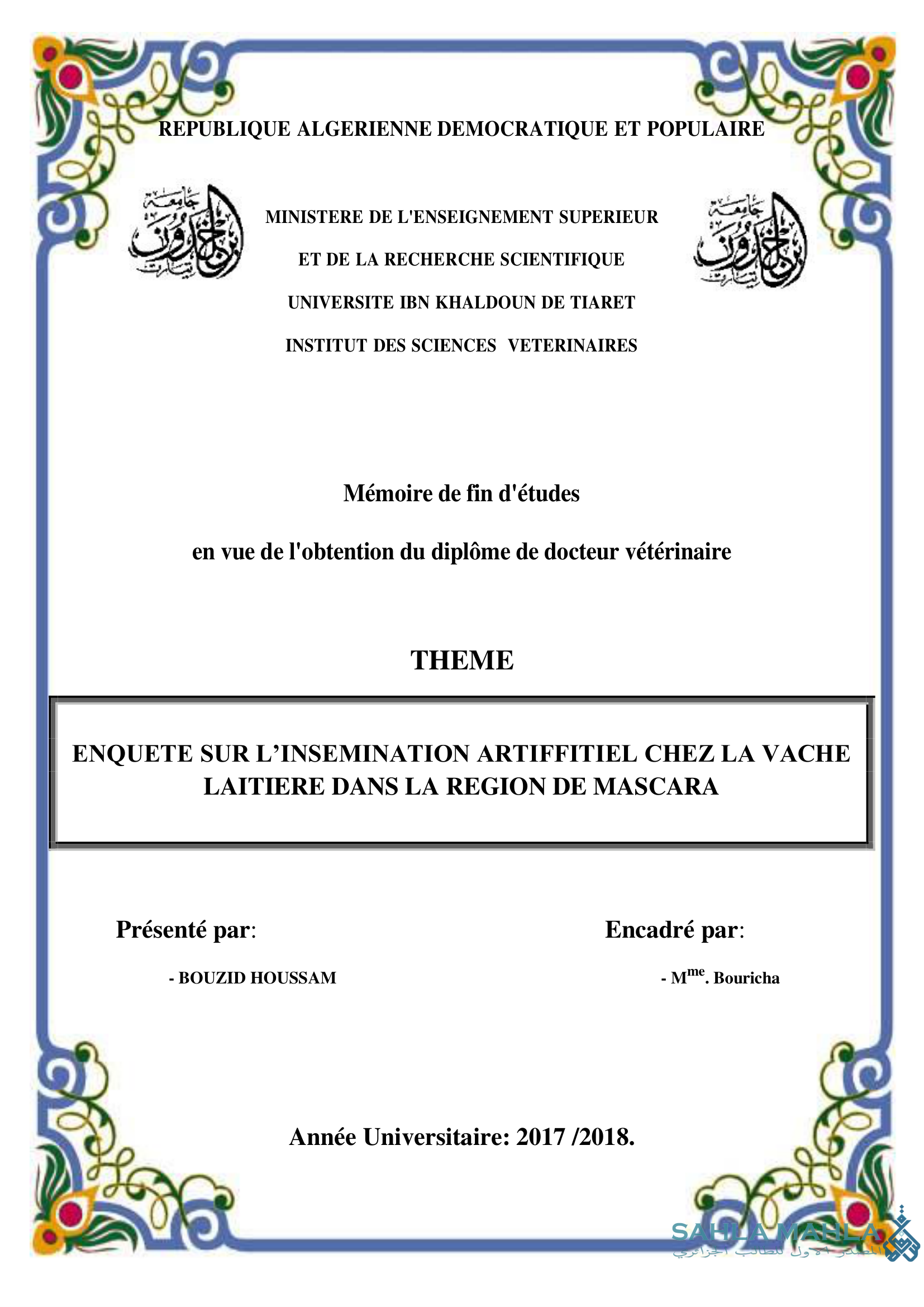 ENQUETE SUR L'INSEMINATION ARTIFFITIEL CHEZ LA VACHE LAITIERE DANS LA REGION DE MASCARA