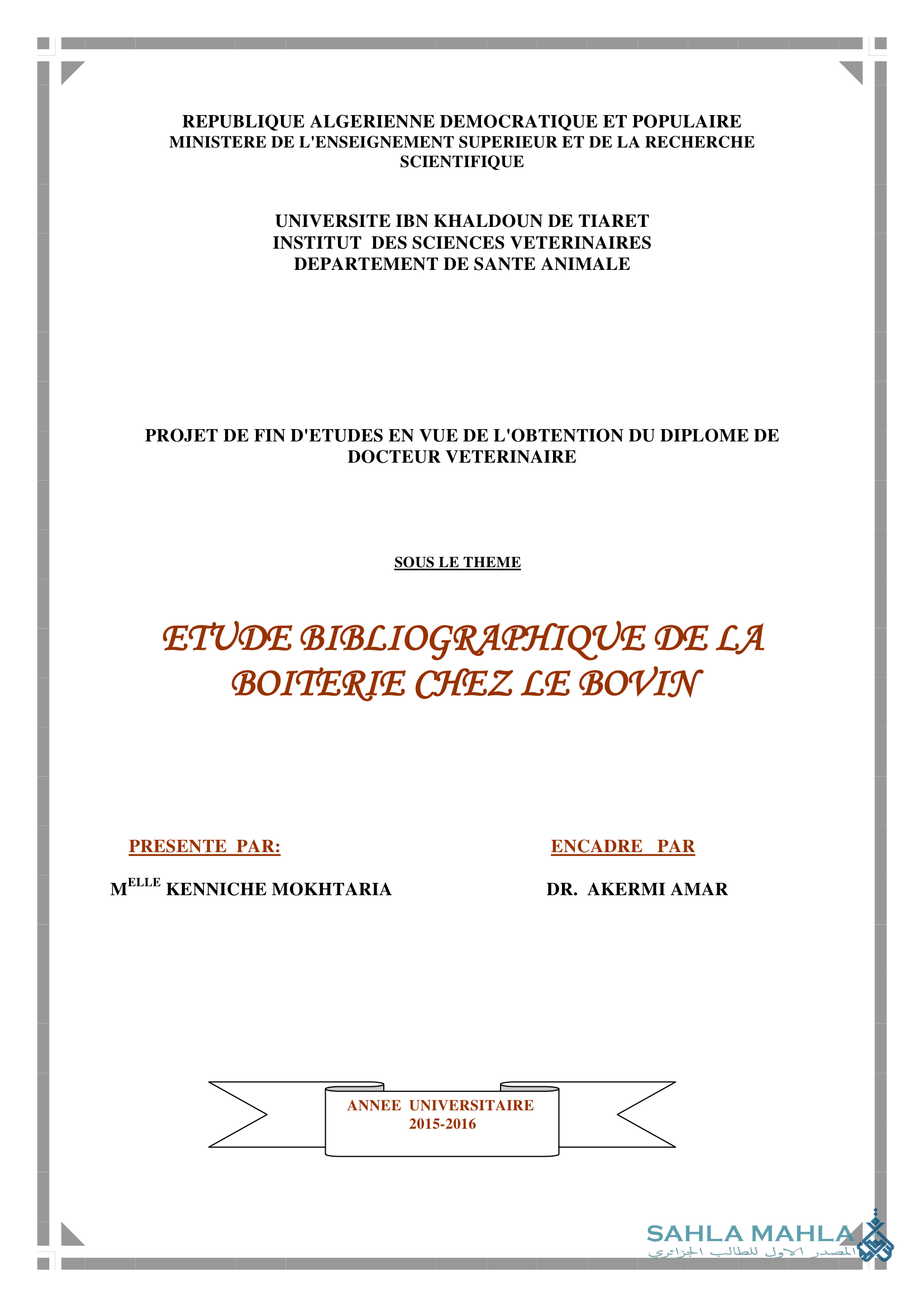 ETUDE BIBLIOGRAPHIQUE DE LA BOITERIE CHEZ LE BOVIN