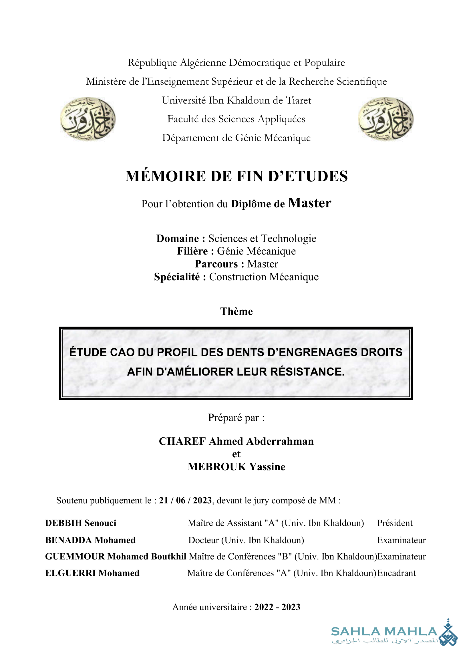 ÉTUDE CAO DU PROFIL DES DENTS D'ENGRENAGES DROITS AFIN D'AMÉLIORER LEUR RÉSISTANCE.