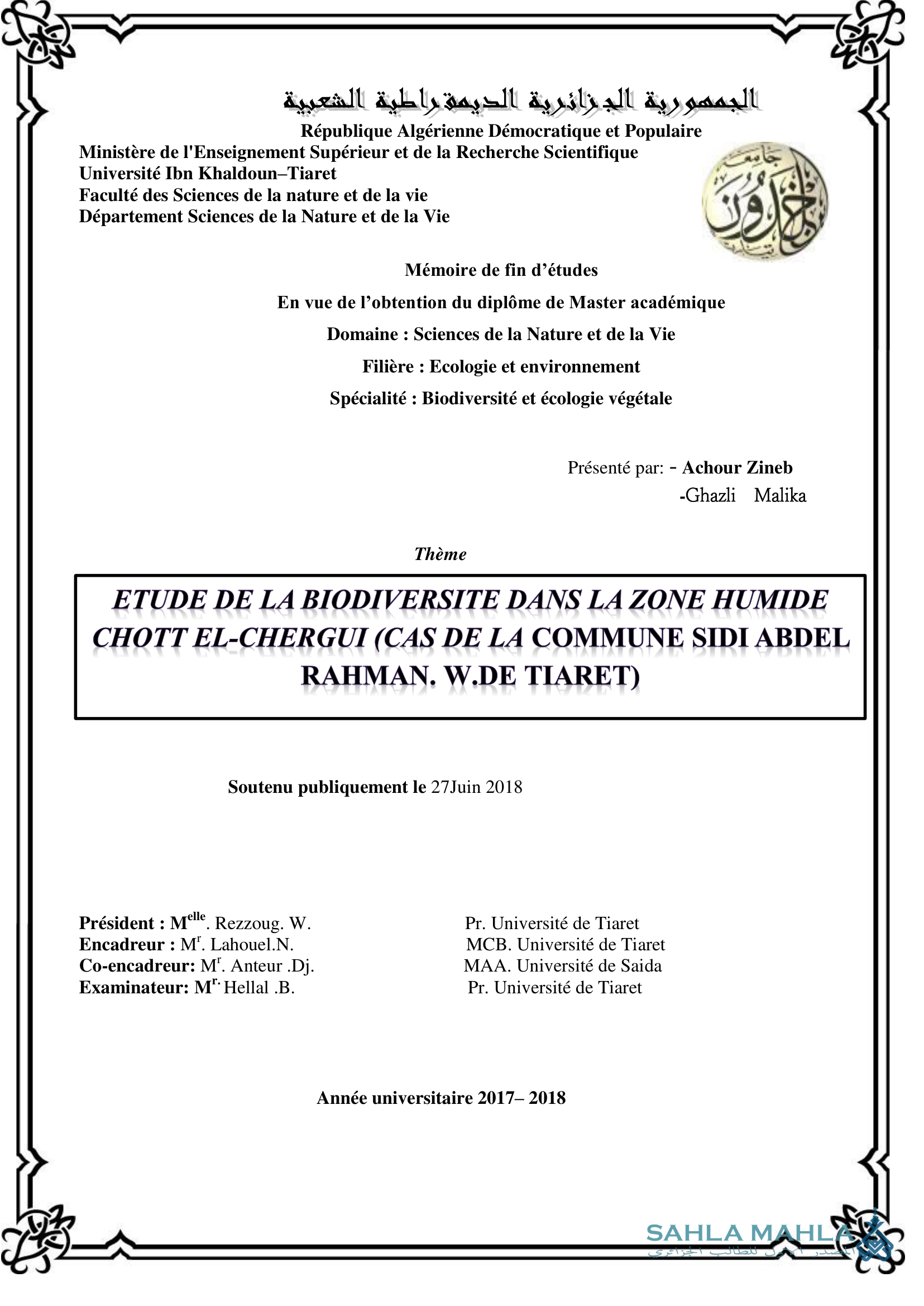 ETUDE DE LA BIODIVERSITE DANS LA ZONE HUMIDE CHOTT EL-CHERGUI (CAS DE LA COMMUNE SIDI ABDEL RAHMAN. W.DE TIARET)
