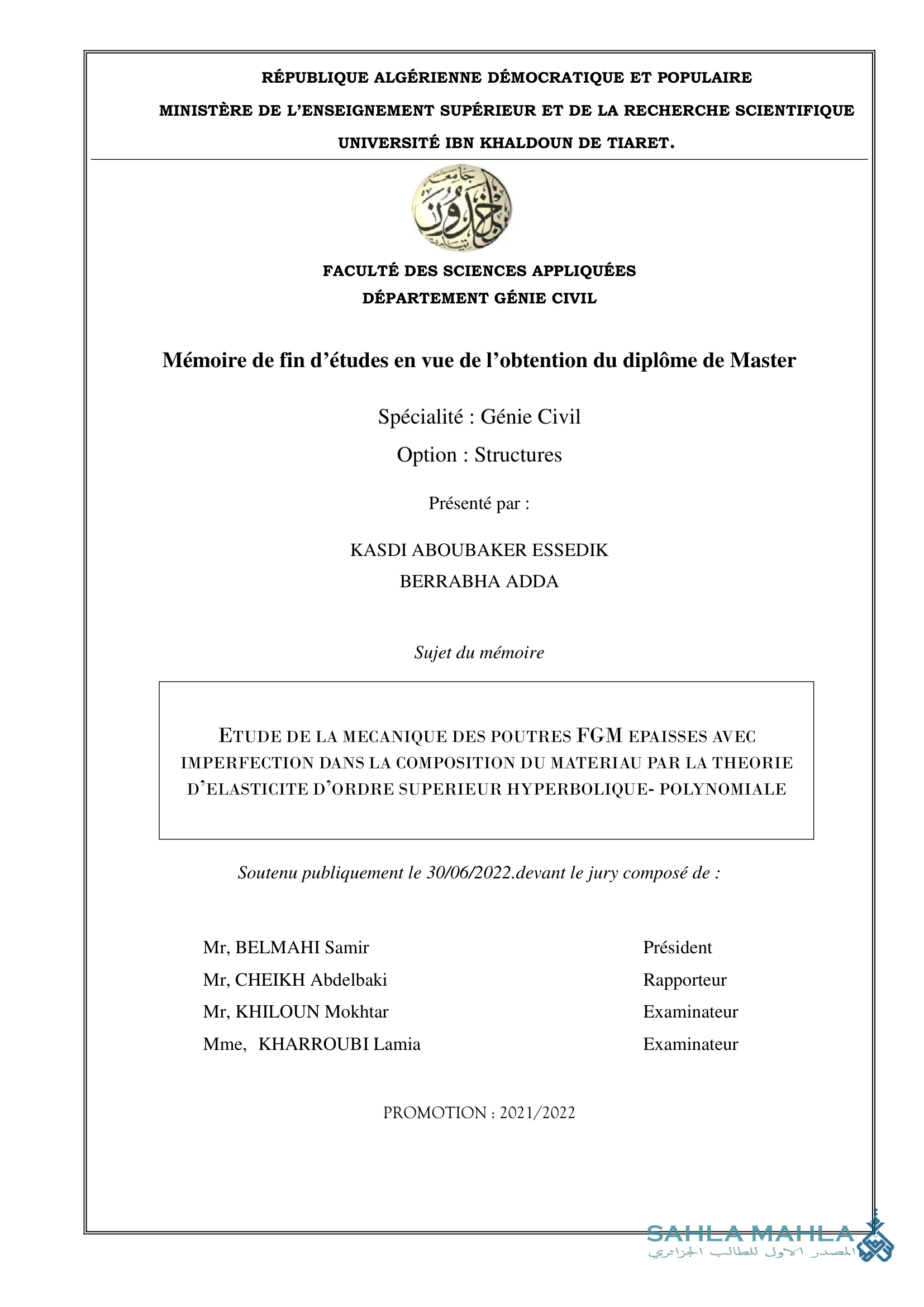 ETUDE DE LA MECANIQUE DES POUTRES FGM EPAISSES AVEC IMPERFECTION DANS LA COMPOSITION DU MATERIAU PAR LA THEORIE D'ELASTICITE D'ORDRE SUPERIEUR HYPERBOLIQUE- POLYNOMIALE