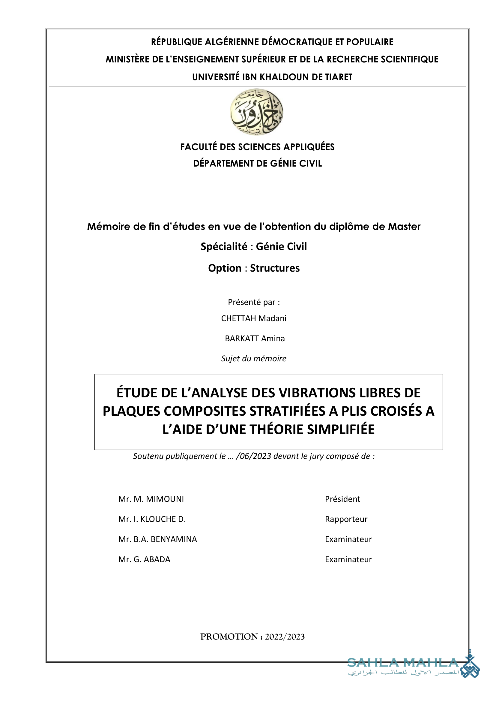 ÉTUDE DE L'ANALYSE DES VIBRATIONS LIBRES DE PLAQUES COMPOSITES STRATIFIÉES A PLIS CROISÉS A L'AIDE D'UNE THÉORIE SIMPLIFIÉE