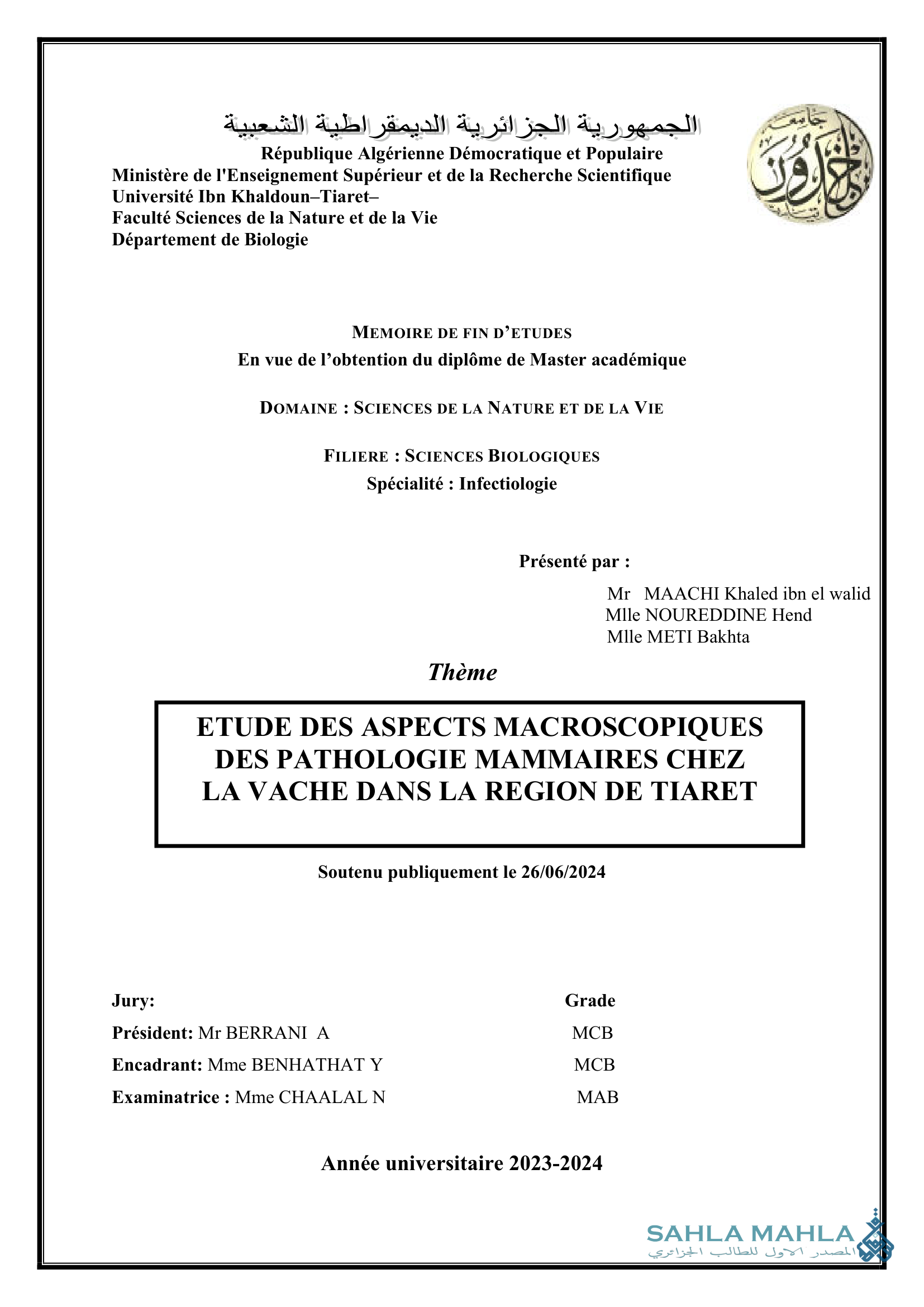 ETUDE DES ASPECTS MACROSCOPIQUES DES PATHOLOGIE MAMMAIRES CHEZ LA VACHE DANS LA REGION DE TIARET