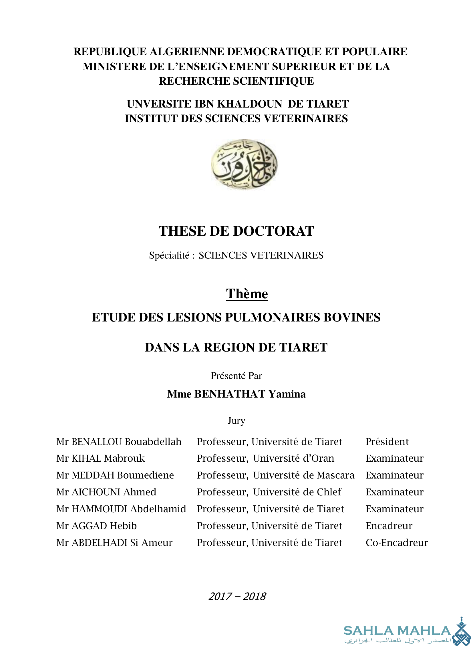 ETUDE DES LESIONS PULMONAIRES BOVINES DANS LA REGION DE TIARET