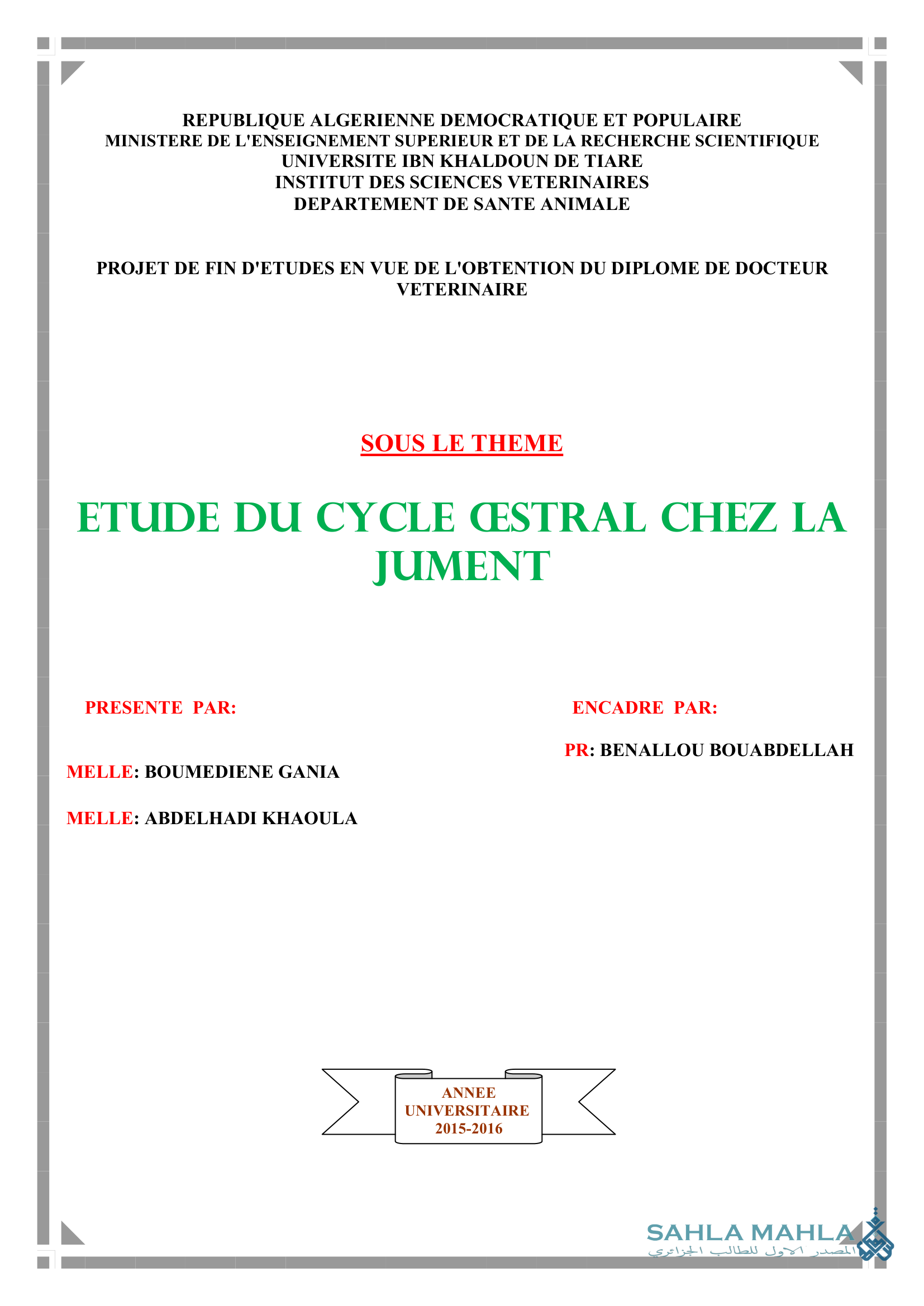 ETUDE DU CYCLE CESTRAL CHEZ LA JUMENT