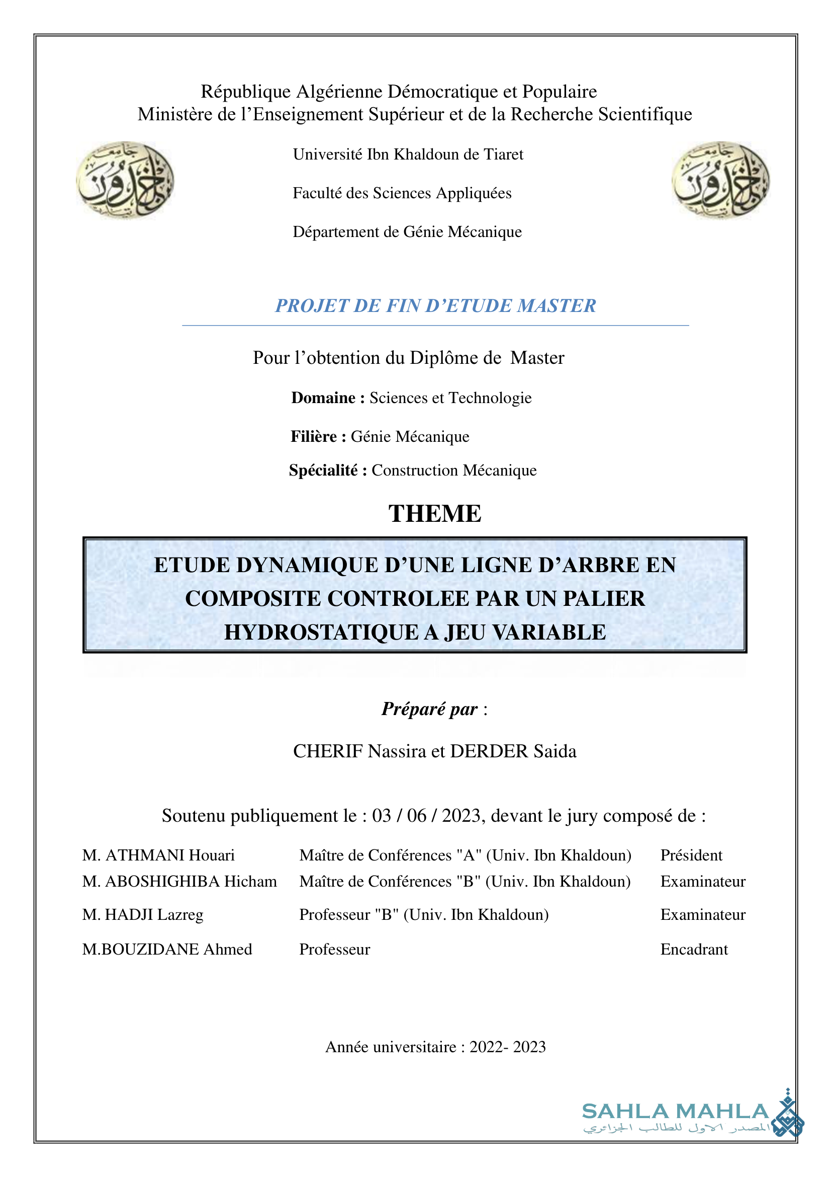 ETUDE DYNAMIQUE D'UNE LIGNE D'ARBRE EN COMPOSITE CONTROLEE PAR UN PALIER HYDROSTATIQUE A JEU VARIABLE