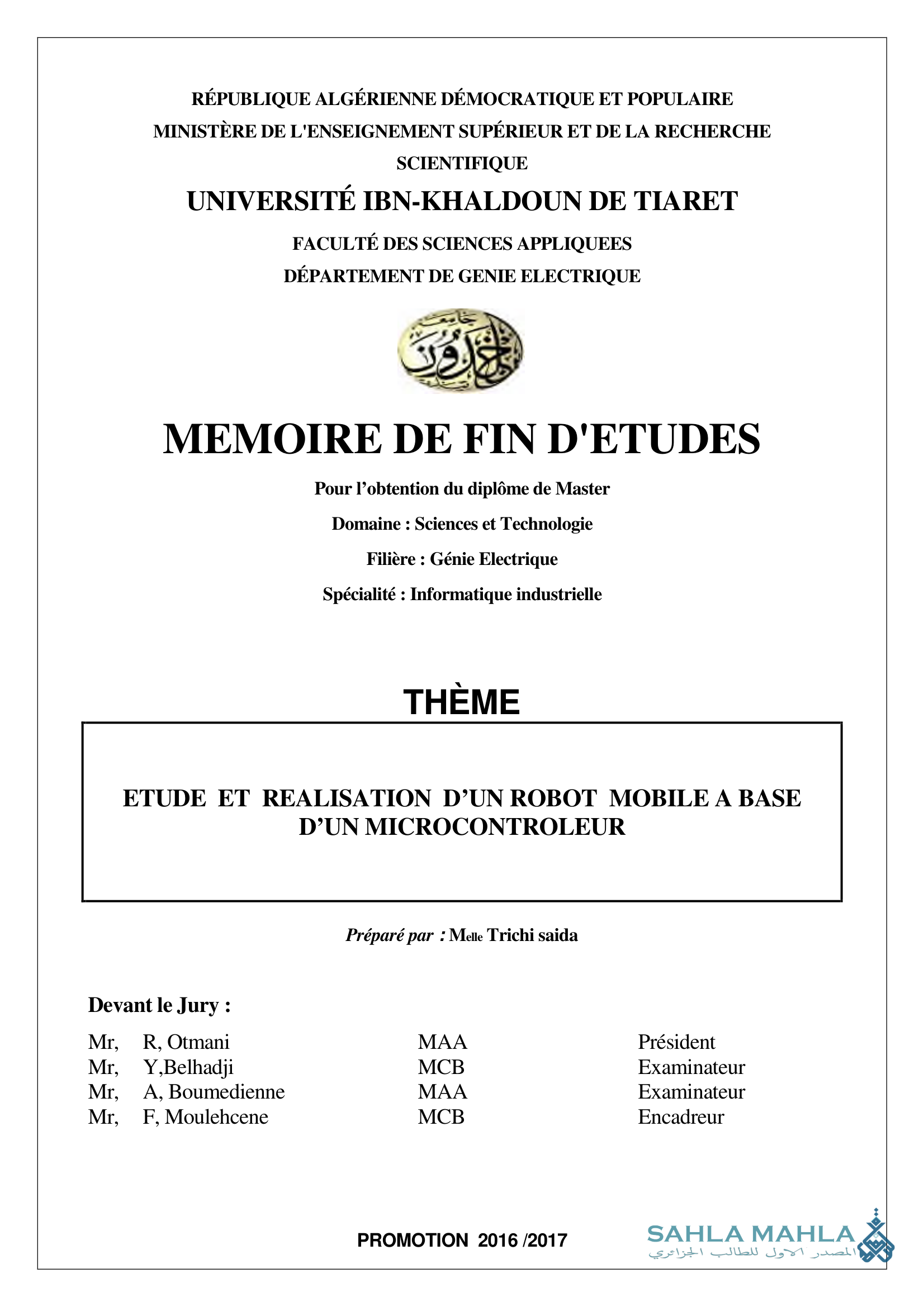 ETUDE ET REALISATION D'UN ROBOT MOBILE A BASE D'UN MICROCONTROLEUR