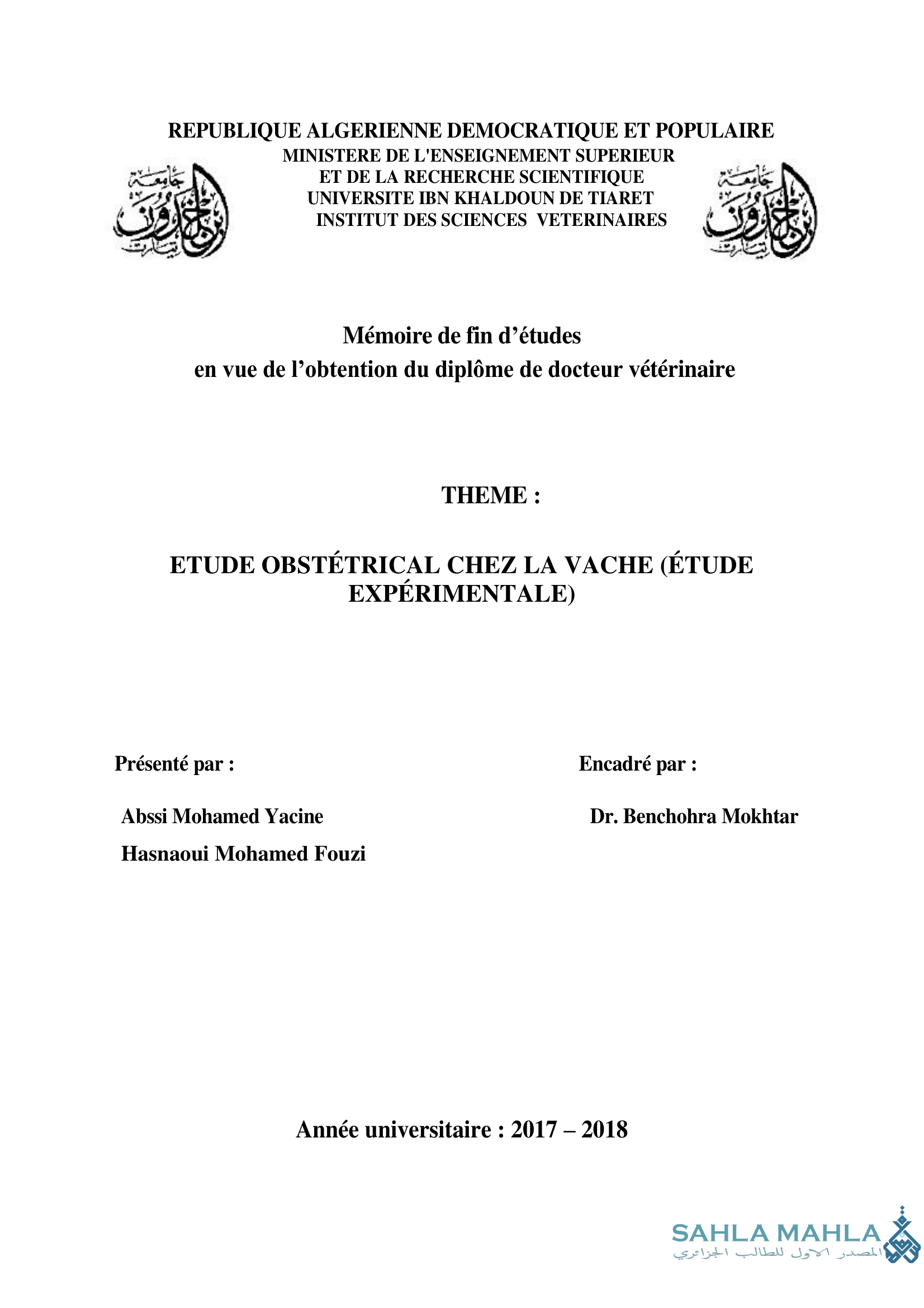 ETUDE OBSTÉTRICAL CHEZ LA VACHE (ÉTUDE EXPÉRIMENTALE)