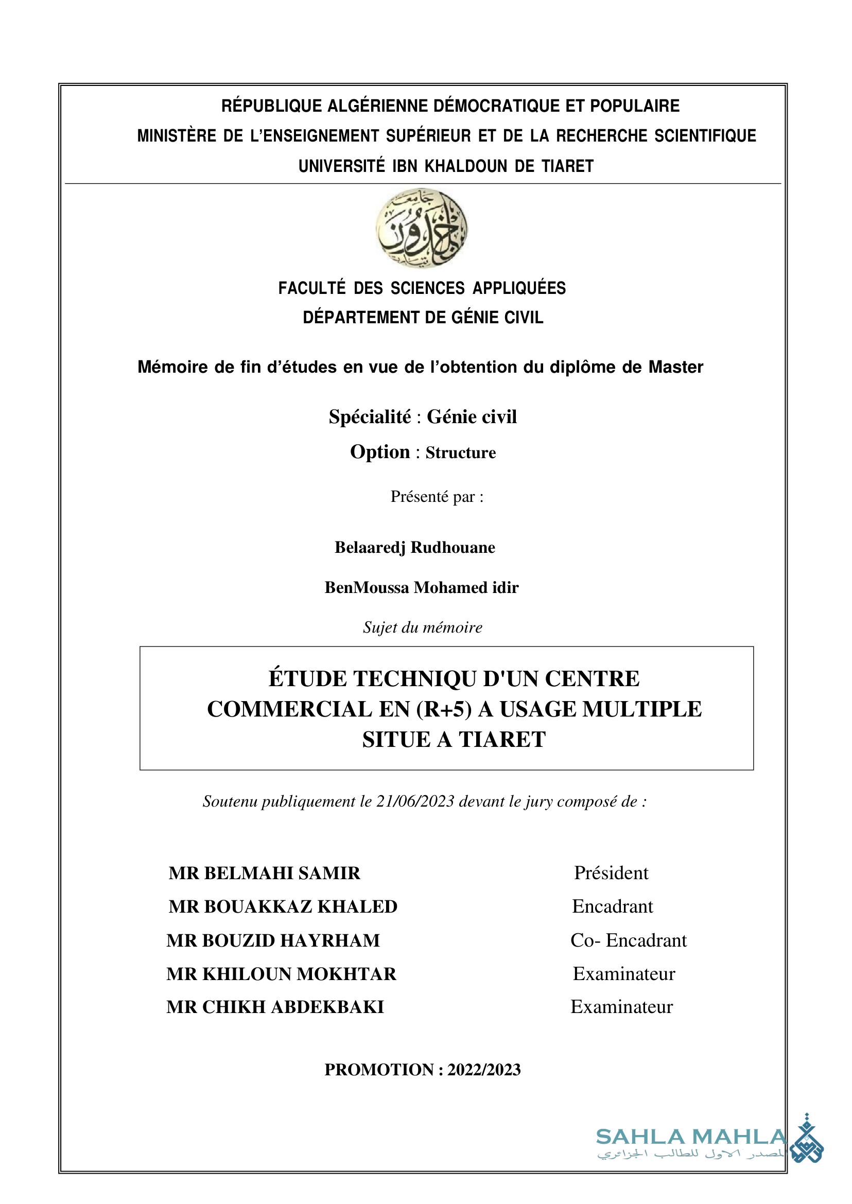 ÉTUDE TECHNIQU D'UN CENTRE COMMERCIAL EN (R+5) A USAGE MULTIPLE SITUE A TIARET