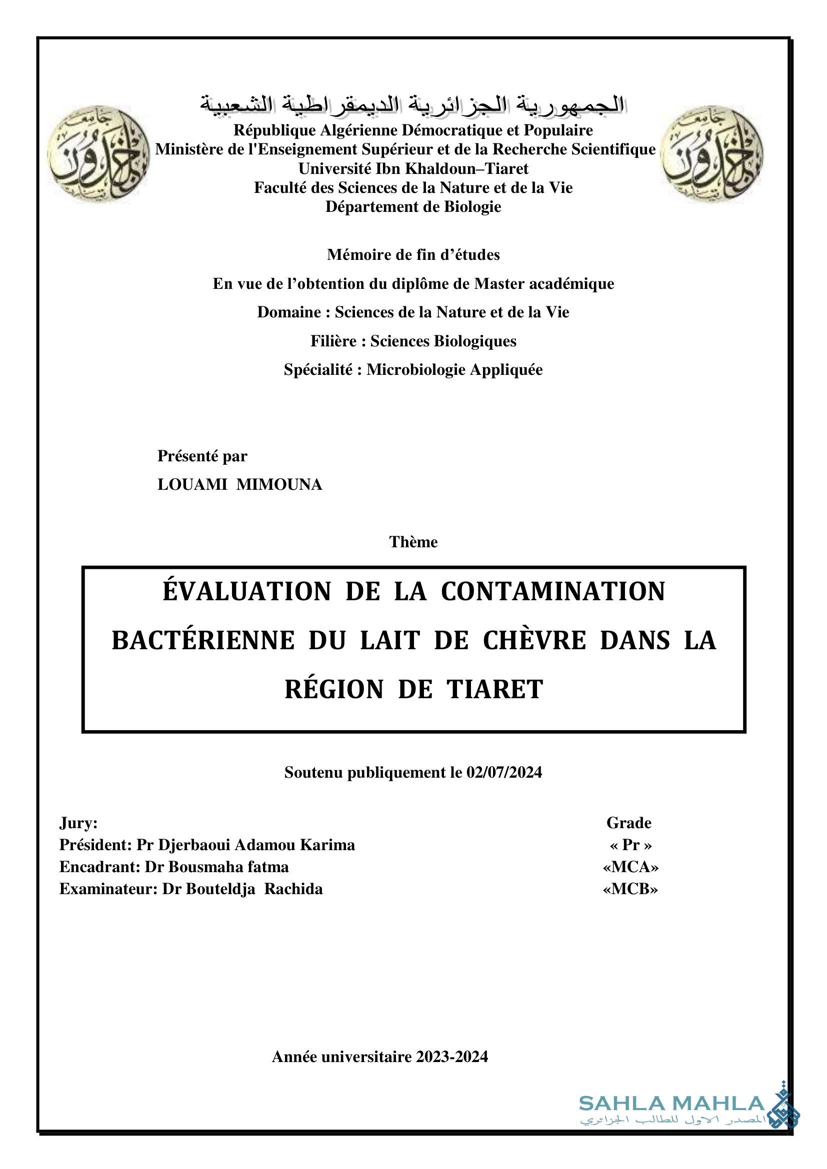 ÉVALUATION DE LA CONTAMINATION BACTÉRIENNE DU LAIT DE CHÈVRE DANS LA RÉGION DE TIARET