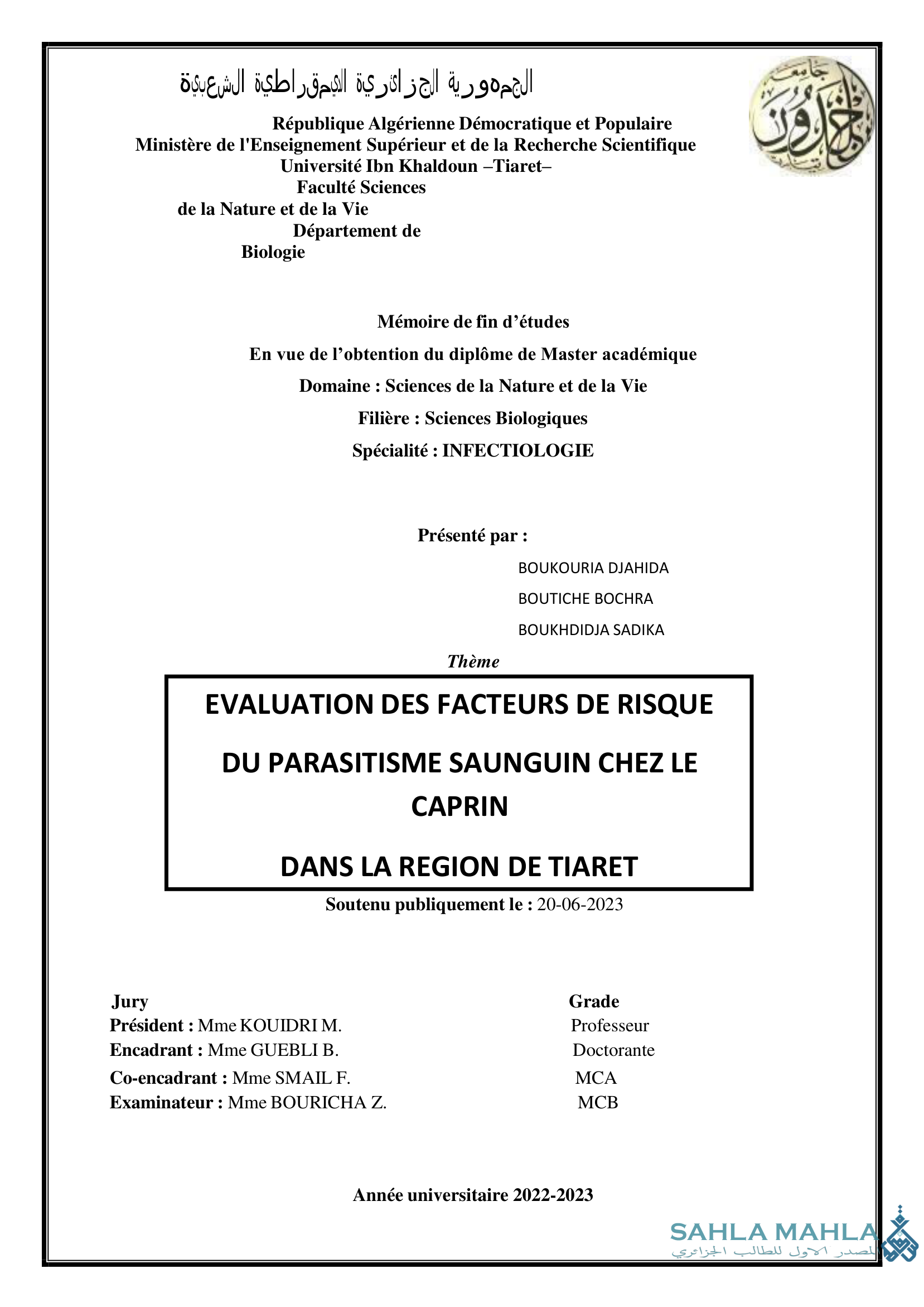 EVALUATION DES FACTEURS DE RISQUE DU PARASITISME SANGUIN CHEZ LE CAPRIN DANS LA REGION DE TIARET