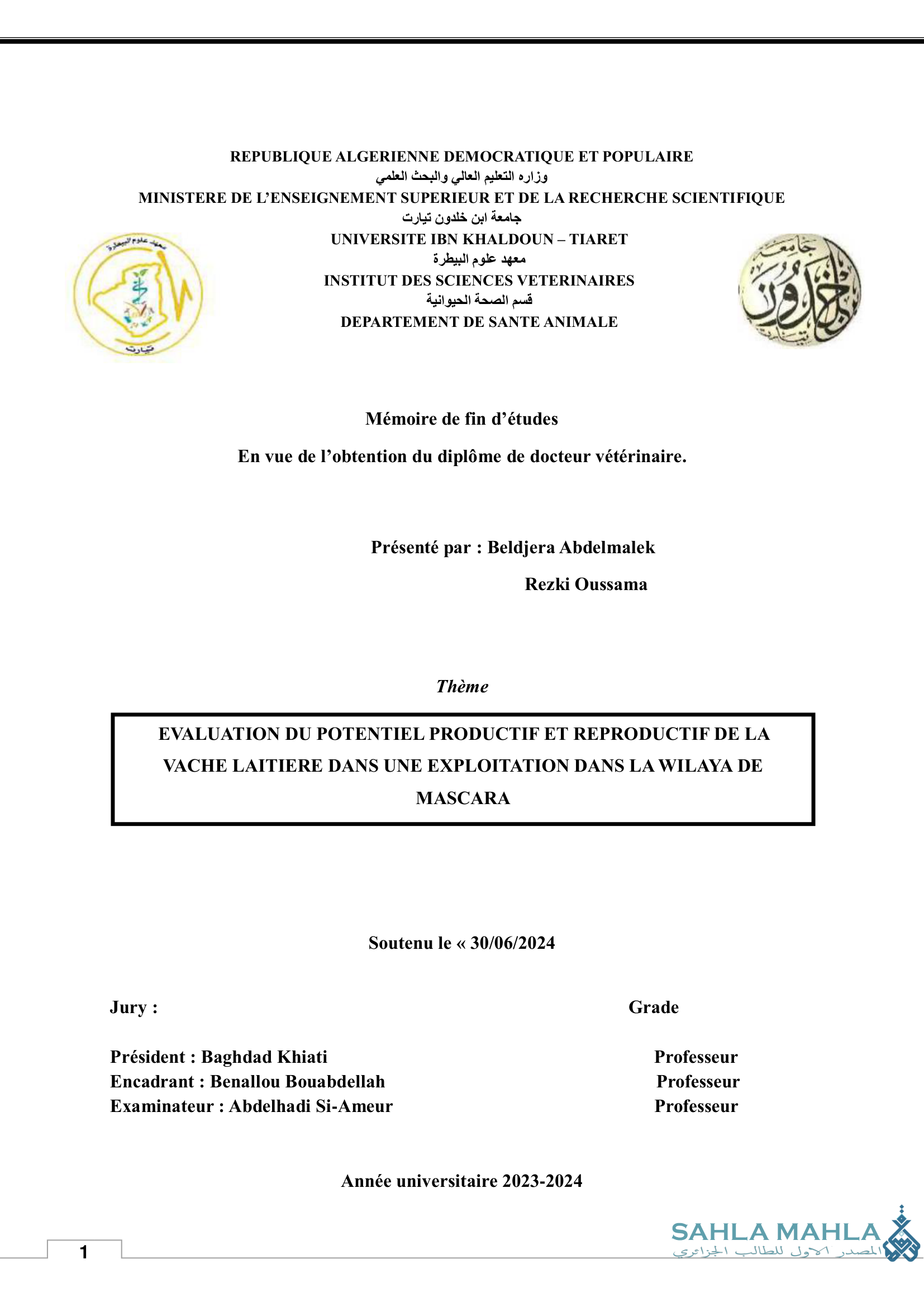 EVALUATION DU POTENTIEL PRODUCTIF ET REPRODUCTIF DE LA VACHE LAITIERE DANS UNE EXPLOITATION DANS LA WILAYA DE MASCARA