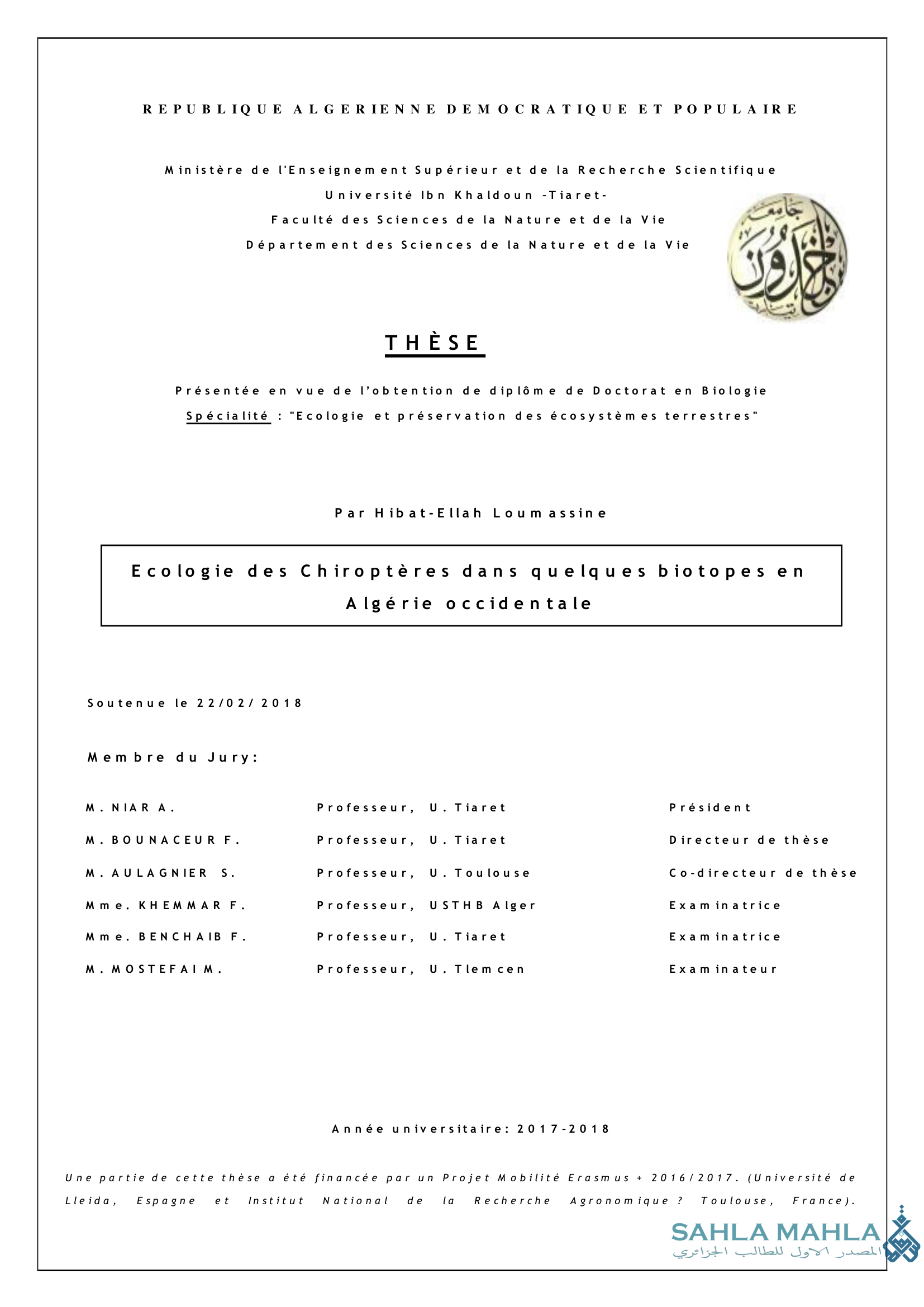 Ecologie des Chiroptères dans quelques biotopes en Algérie occidentale