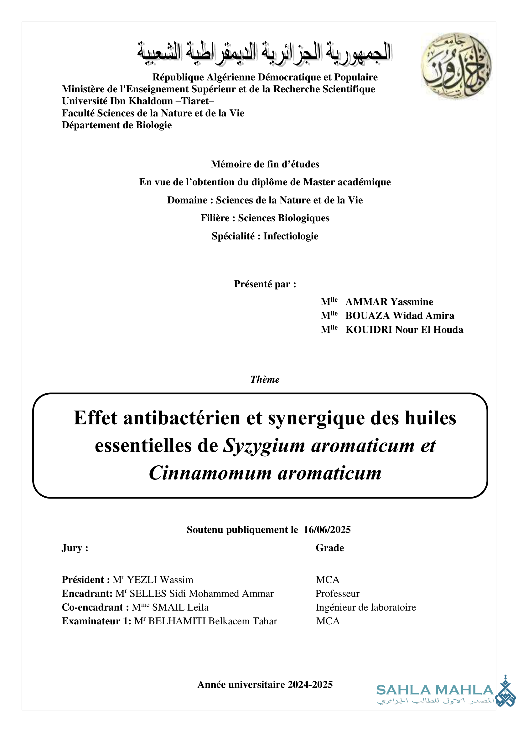 Effet antibactérien et synergique des huiles essentielles de Syzygium aromaticum et Cinnamomum aromaticum