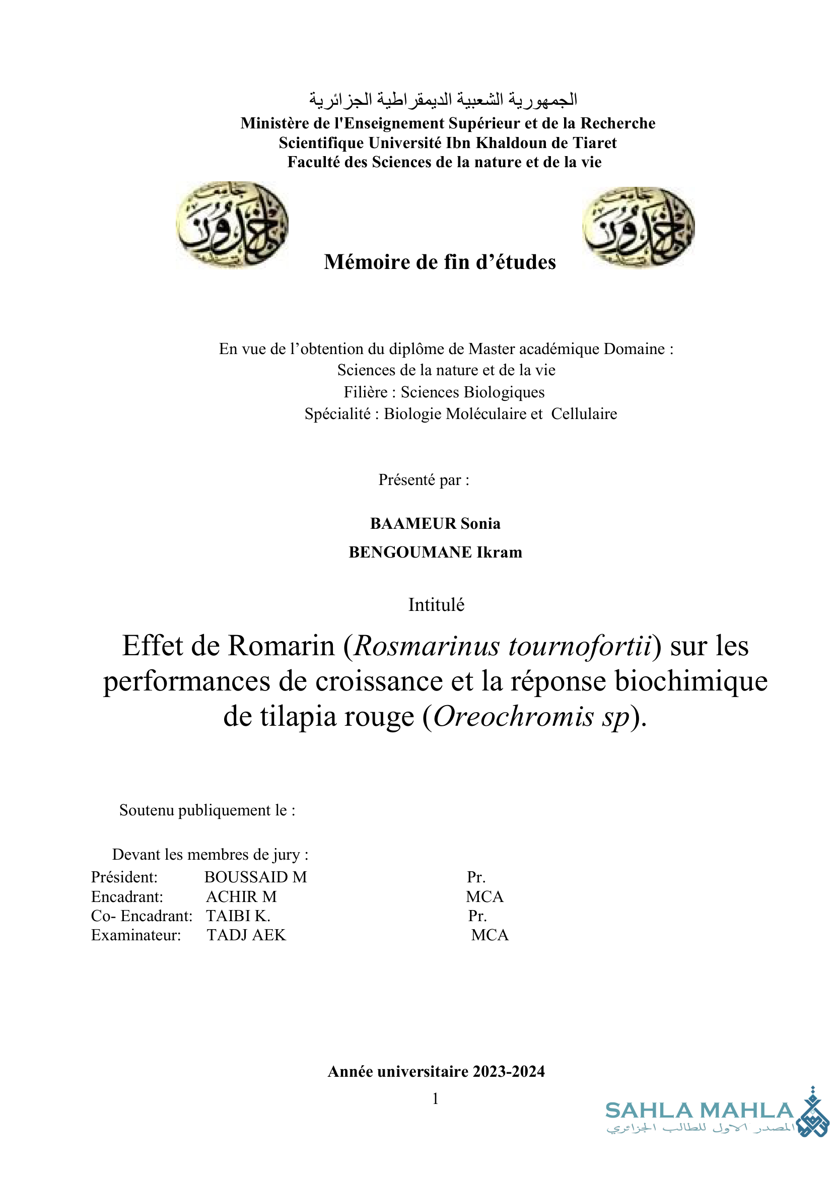 Effet de Romarin (Rosmarinus tournofortii) sur les performances de croissance et la réponse biochimique de tilapia rouge (Oreochromis sp).