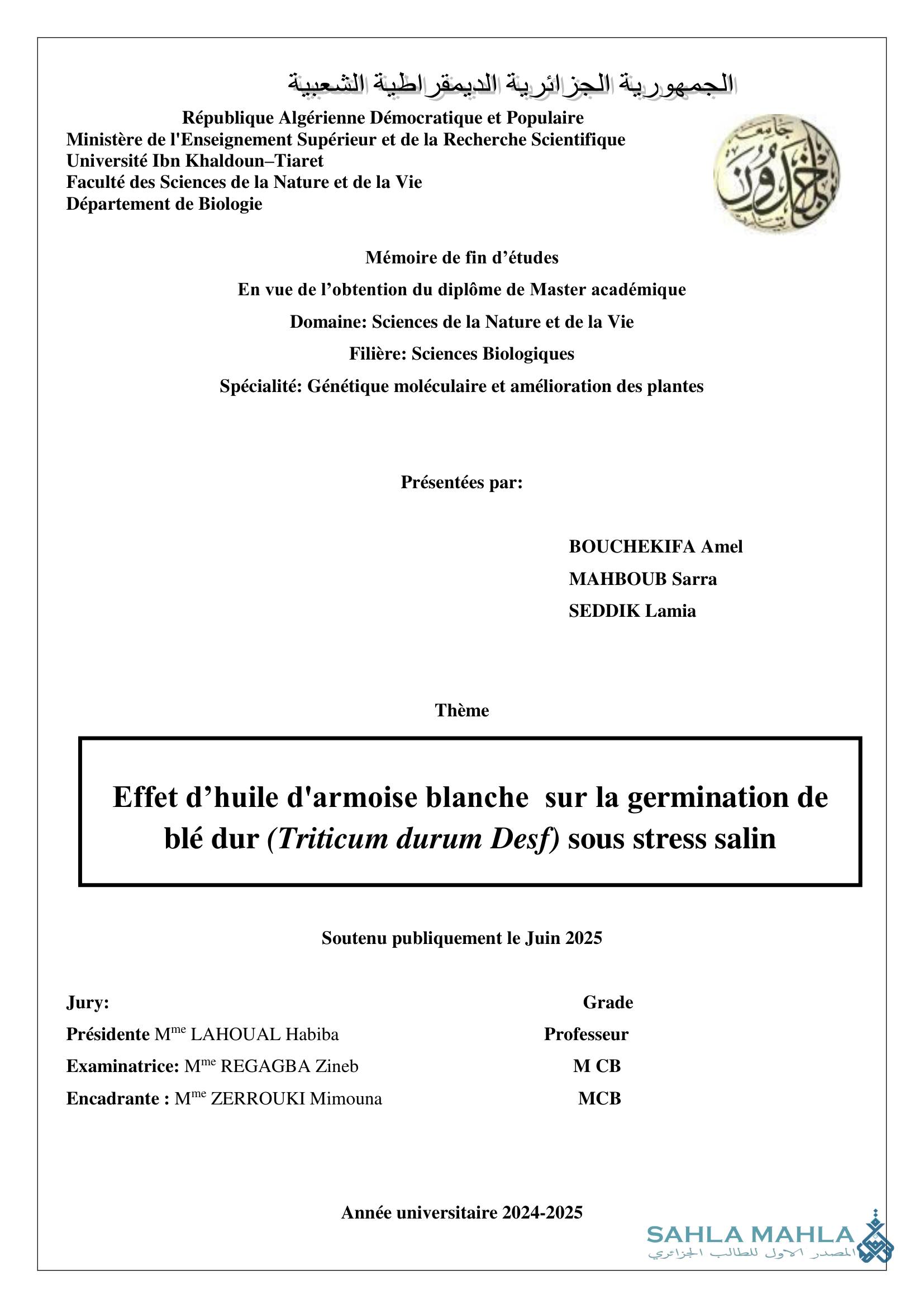Effet d'huile d'armoise blanche sur la germination de blé dur (Triticum durum Desf) sous stress salin