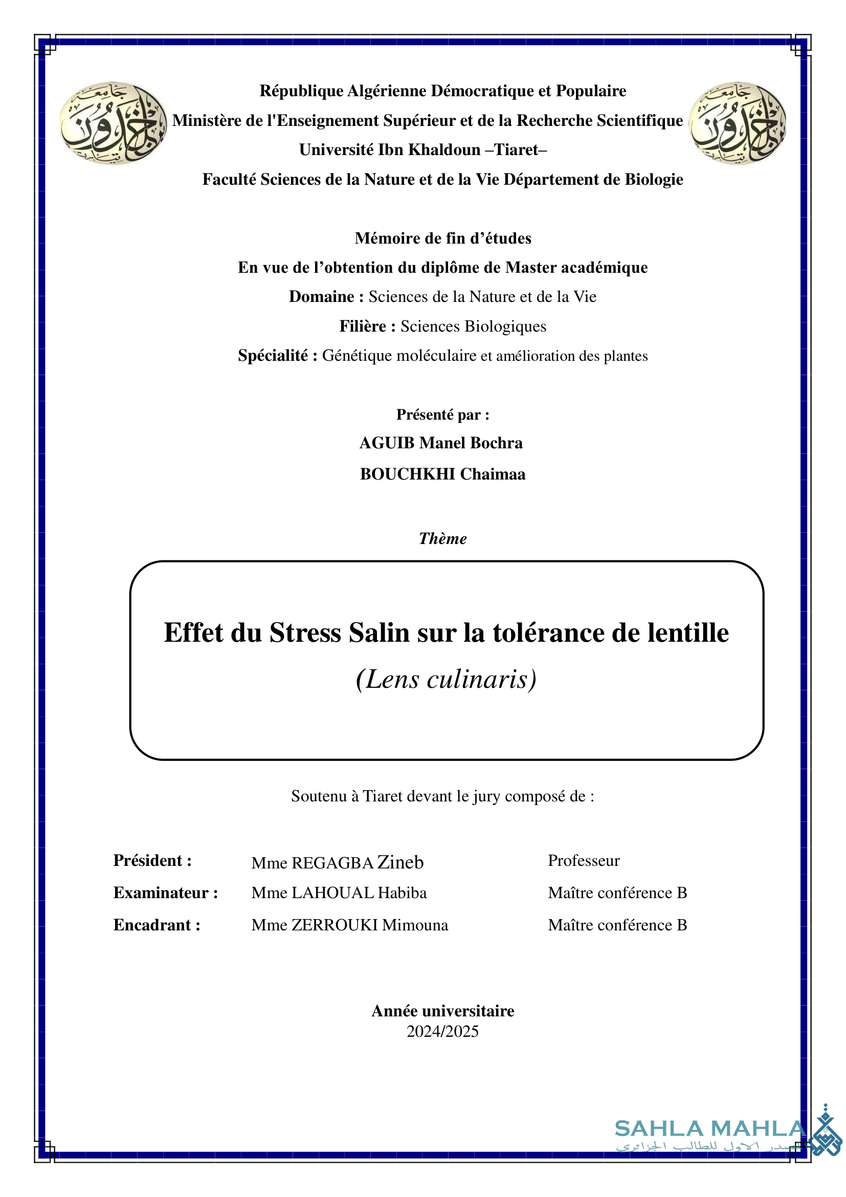 Effet du Stress Salin sur la tolérance de lentille (Lens culinaris)