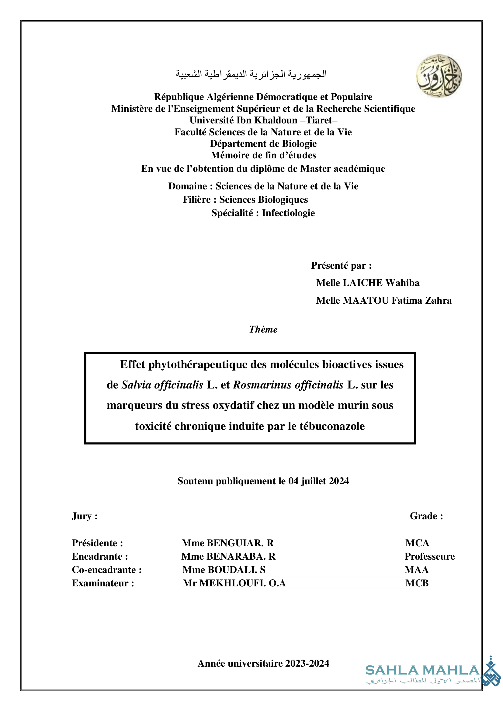 Effet phytothérapeutique des molécules bioactives issues de Salvia officinalis L. et Rosmarinus officinalis L. sur les marqueurs du stress oxydatif chez un modèle murin sous toxicité chronique induite par le tébuconazole