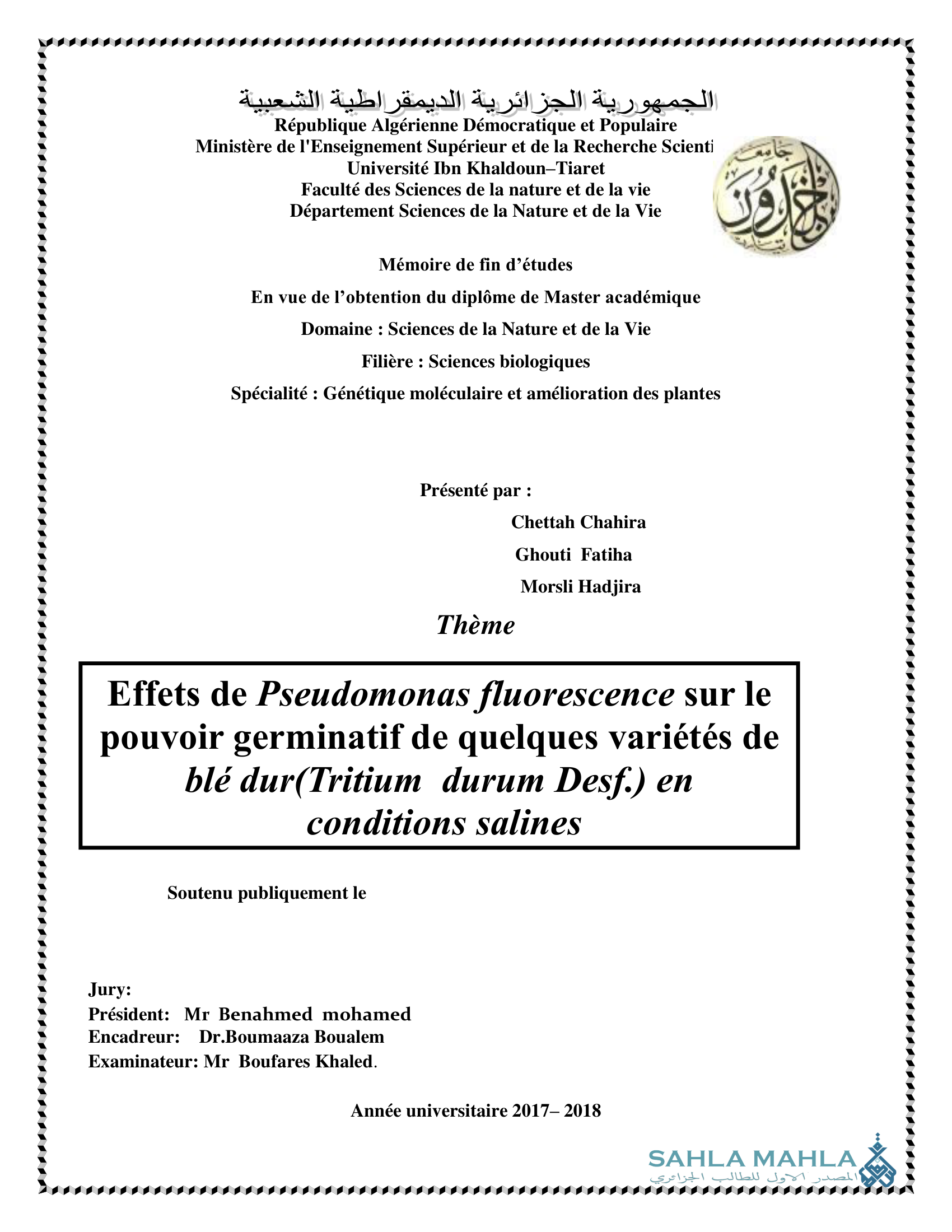 Effets de Pseudomonas fluorescence sur le pouvoir germinatif de quelques variétés de blé dur(Tritium durum Desf.) en conditions salines