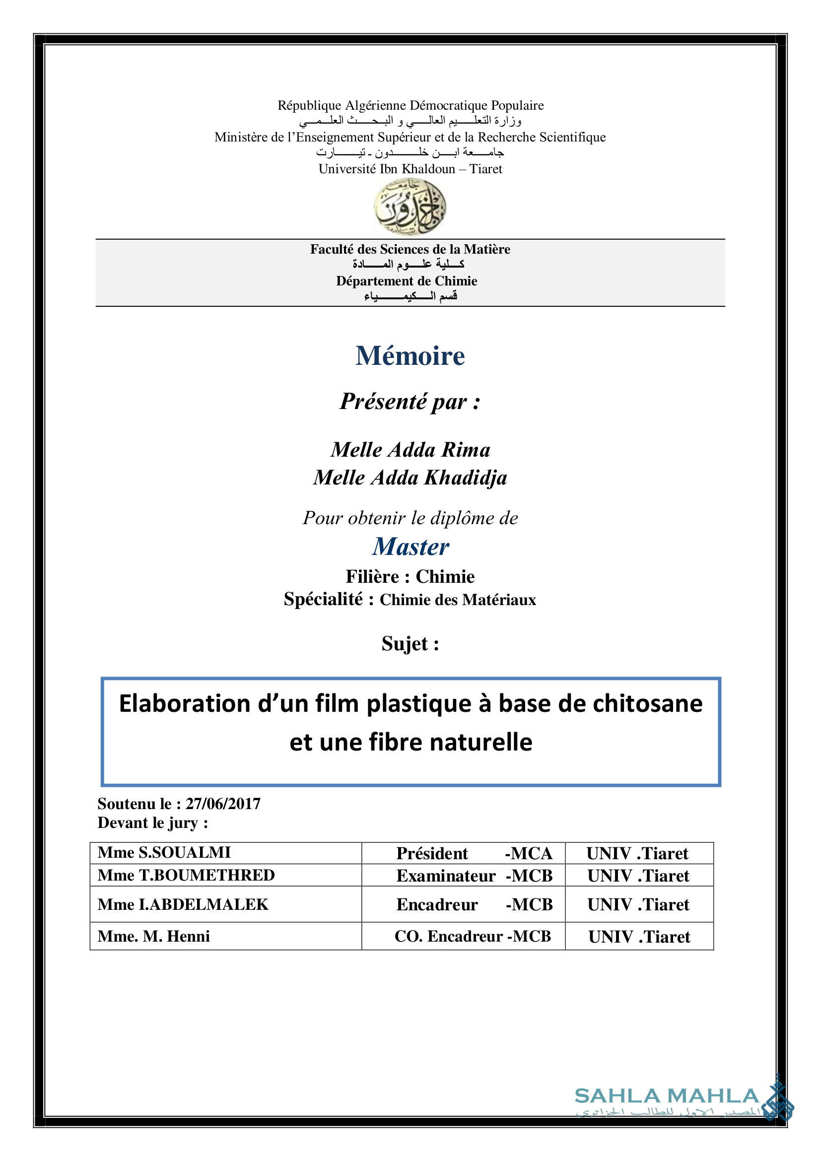 Elaboration d'un film plastique à base de chitosane et une fibre naturelle