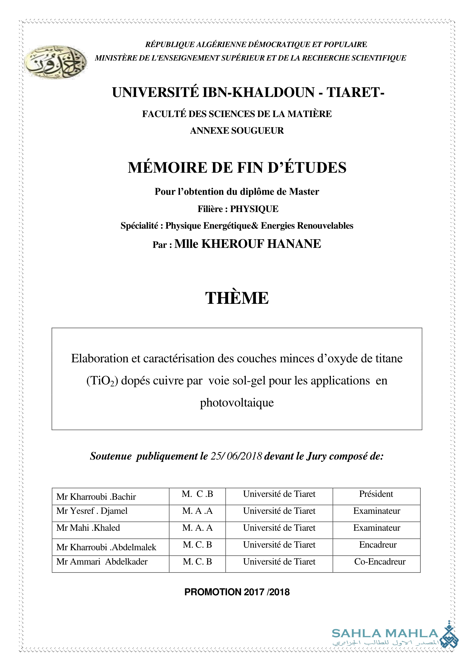 Elaboration et caractérisation des couches minces d'oxyde de titane (TiO2) dopés cuivre par voie sol-gel pour les applications en photovoltaique