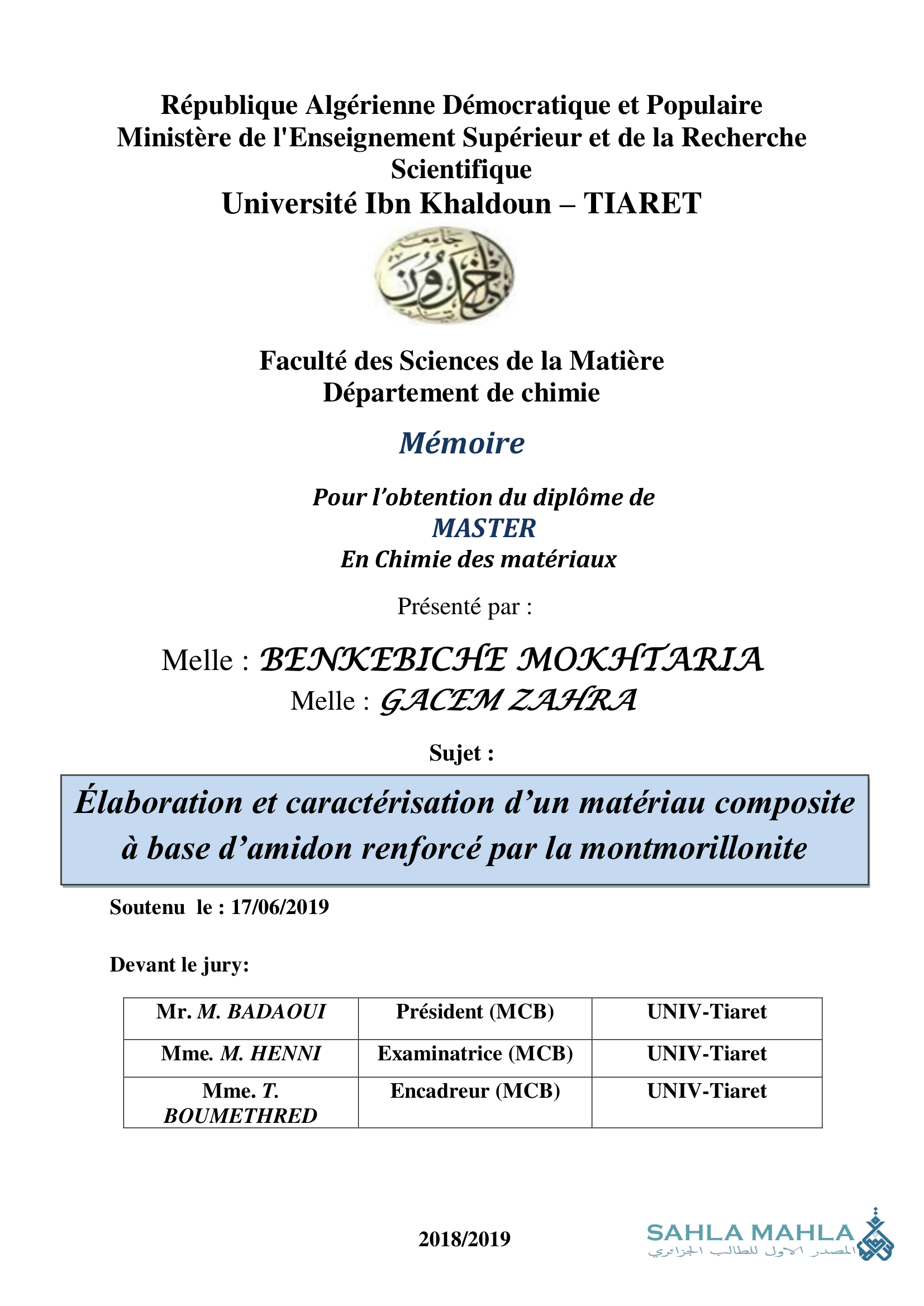 Élaboration et caractérisation d'un matériau composite à base d'amidon renforcé par la montmorillonite