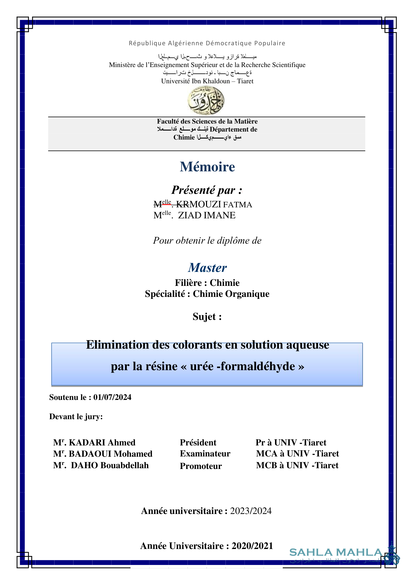 Elimination des colorants en solution aqueuse par la résine « urée -formaldéhyde »