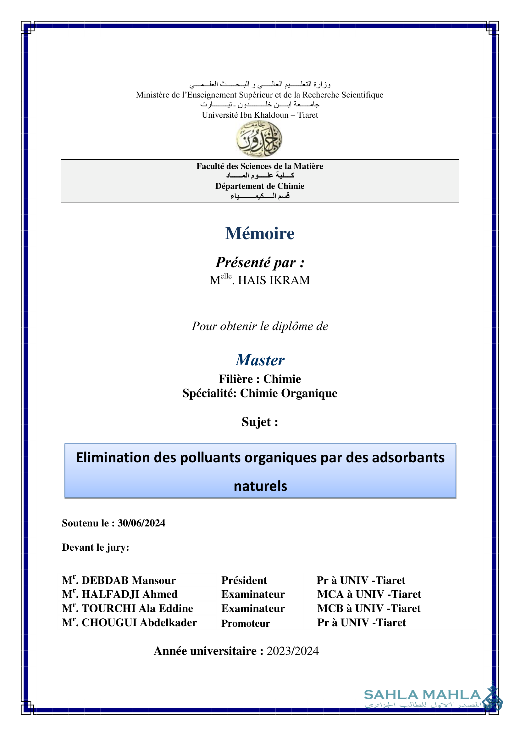 Elimination des polluants organiques par des adsorbants naturels