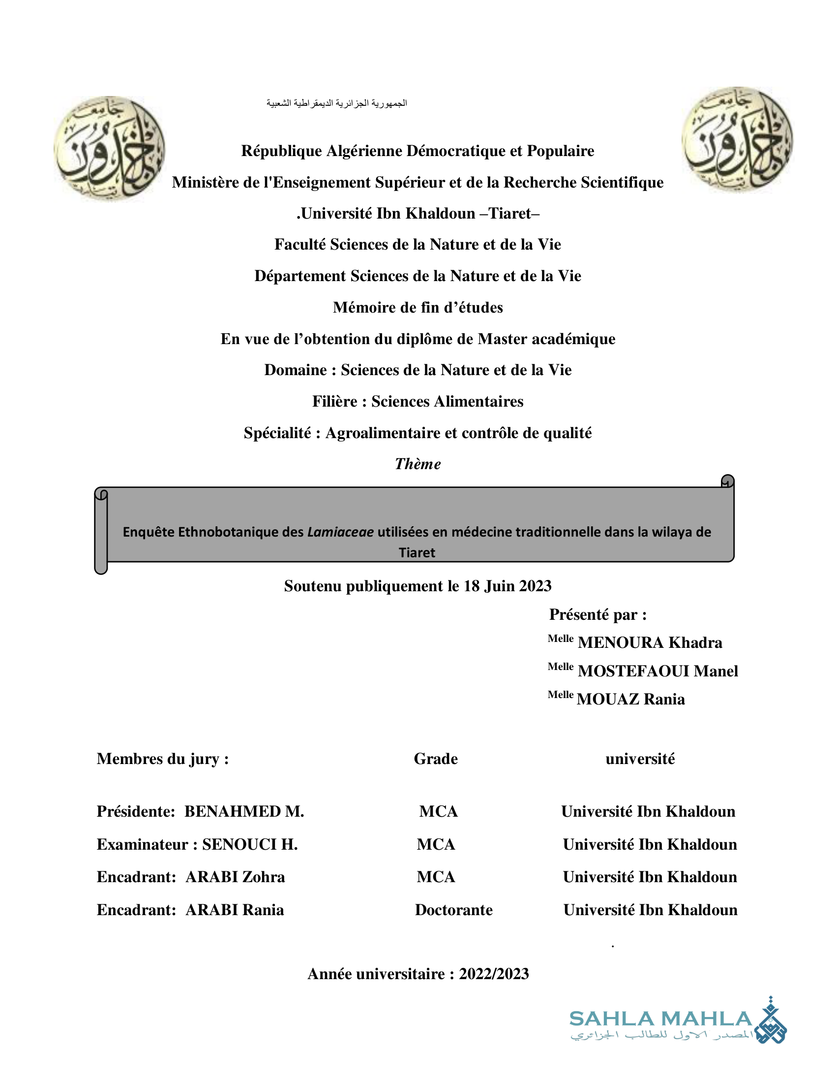 Enquête Ethnobotanique des Lamiaceae utilisées en médecine traditionnelle dans la wilaya de Tiaret