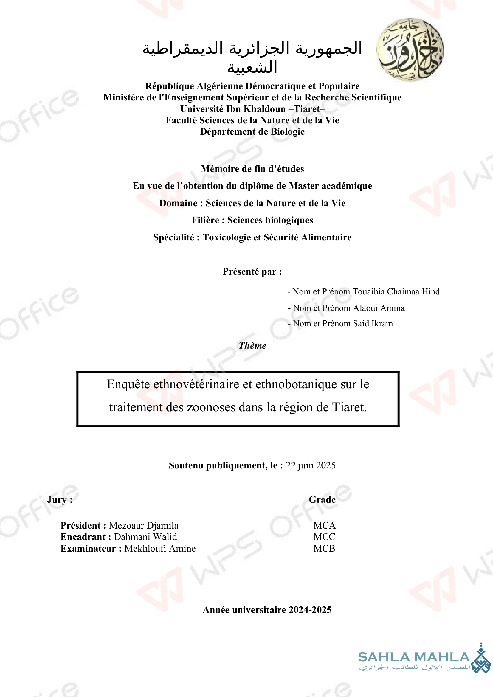 Enquête ethnovétérinaire et ethnobotanique sur le traitement des zoonoses dans la région de Tiaret.