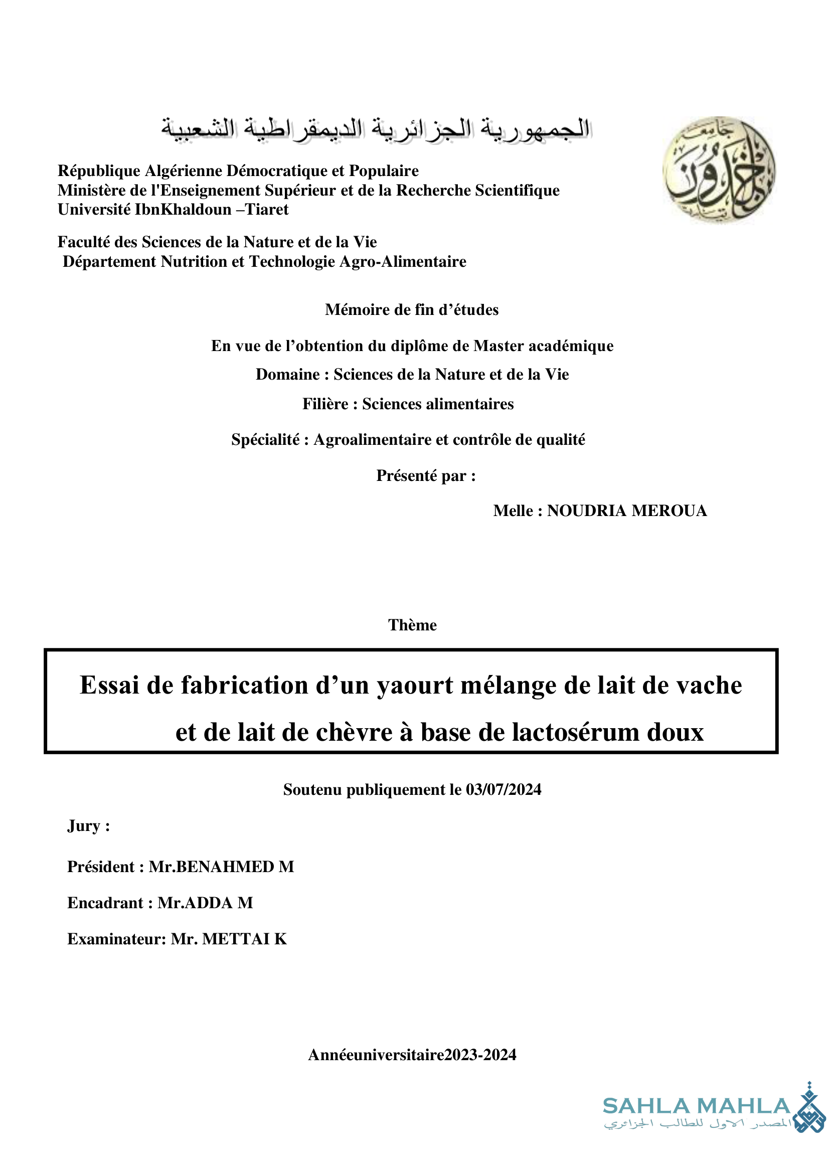 Essai de fabrication d'un yaourt mélange de lait de vache et de lait de chèvre à base de lactosérum doux