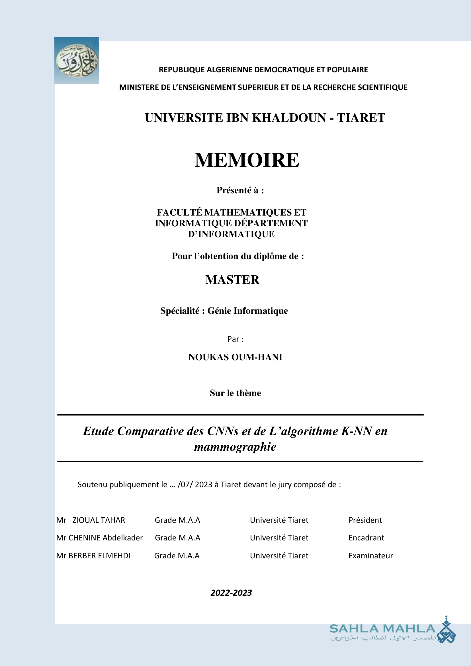 Etude Comparative des CNNs et de L'algorithme K-NN en mammographie