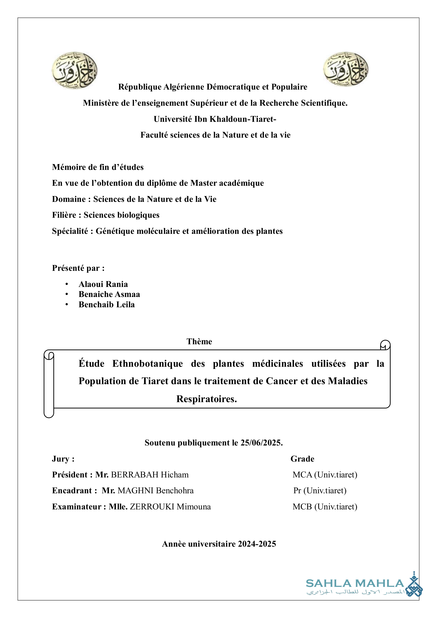 Étude Ethnobotanique des plantes médicinales utilisées par la Population de Tiaret dans le traitement de Cancer et des Maladies Respiratoires.