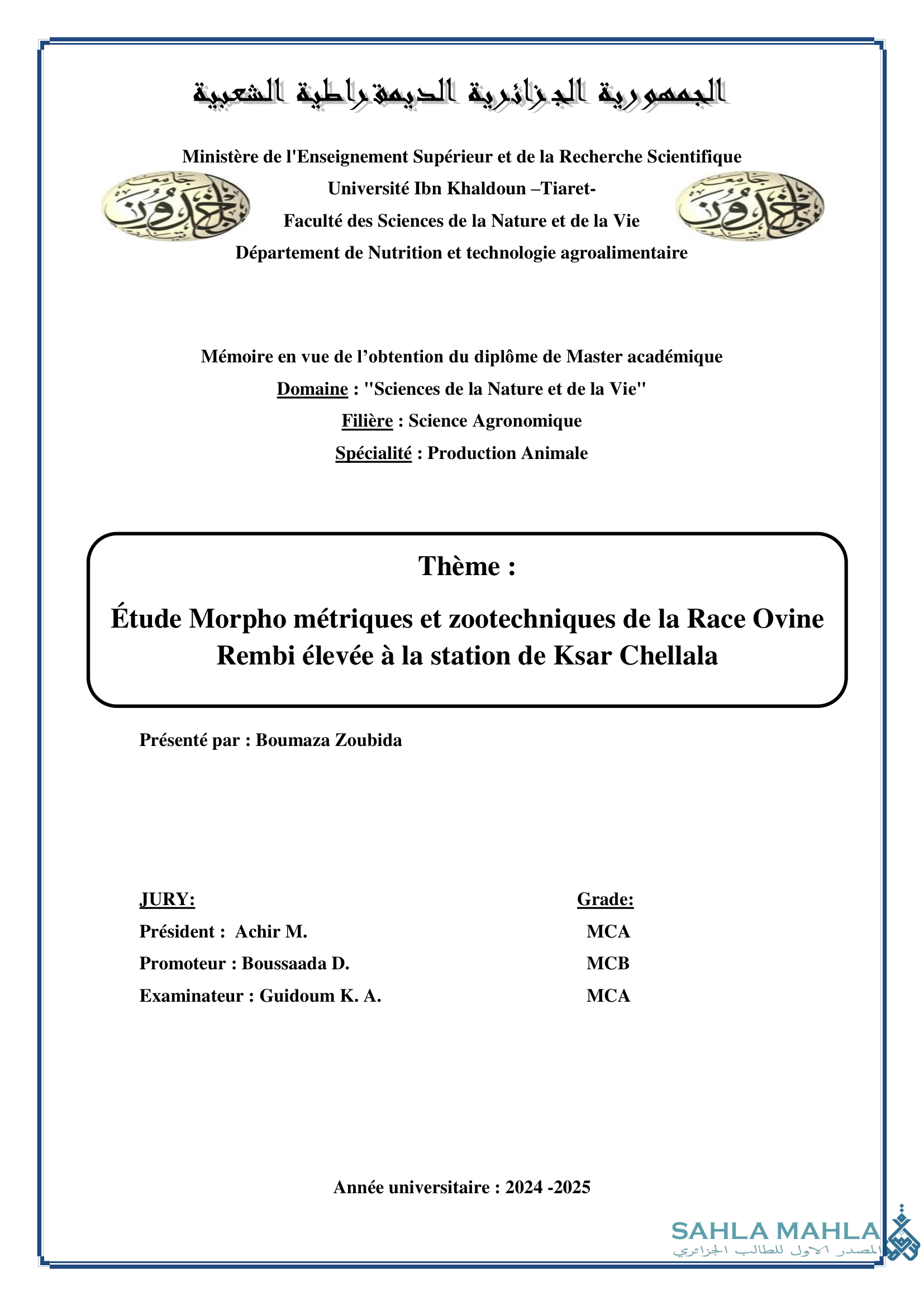 Étude Morpho métriques et zootechniques de la Race Ovine Rembi élevée à la station de Ksar Chellala