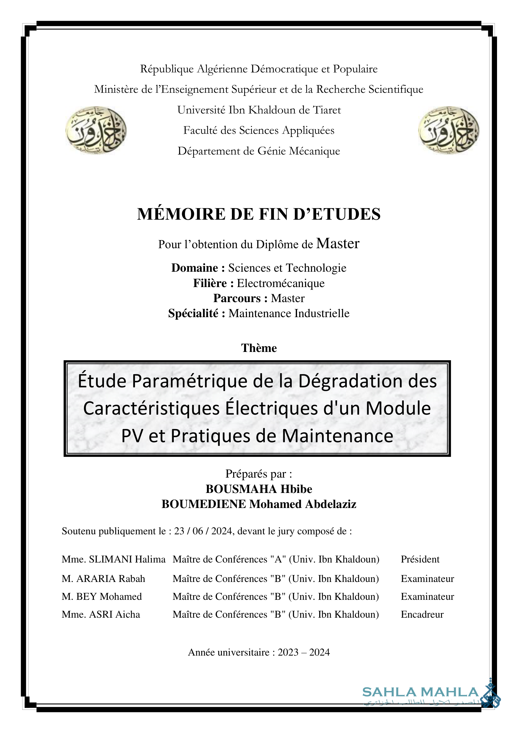 Étude Paramétrique de la Dégradation des Caractéristiques Électriques d'un Module PV et Pratiques de Maintenance
