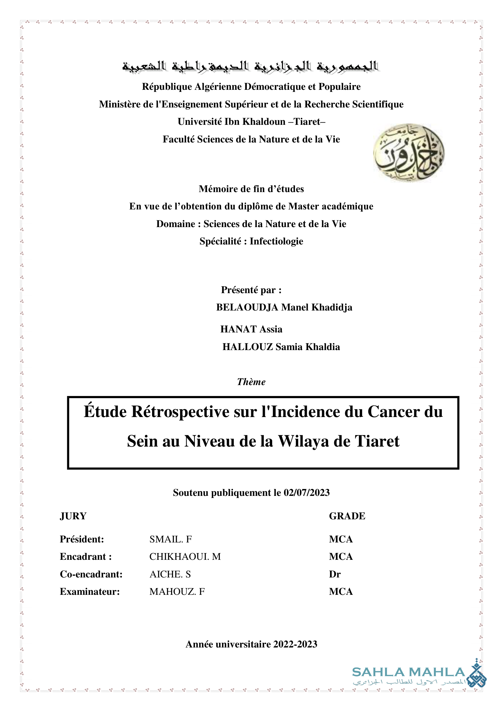 Étude Rétrospective sur l'Incidence du Cancer du Sein au Niveau de la Wilaya de Tiaret