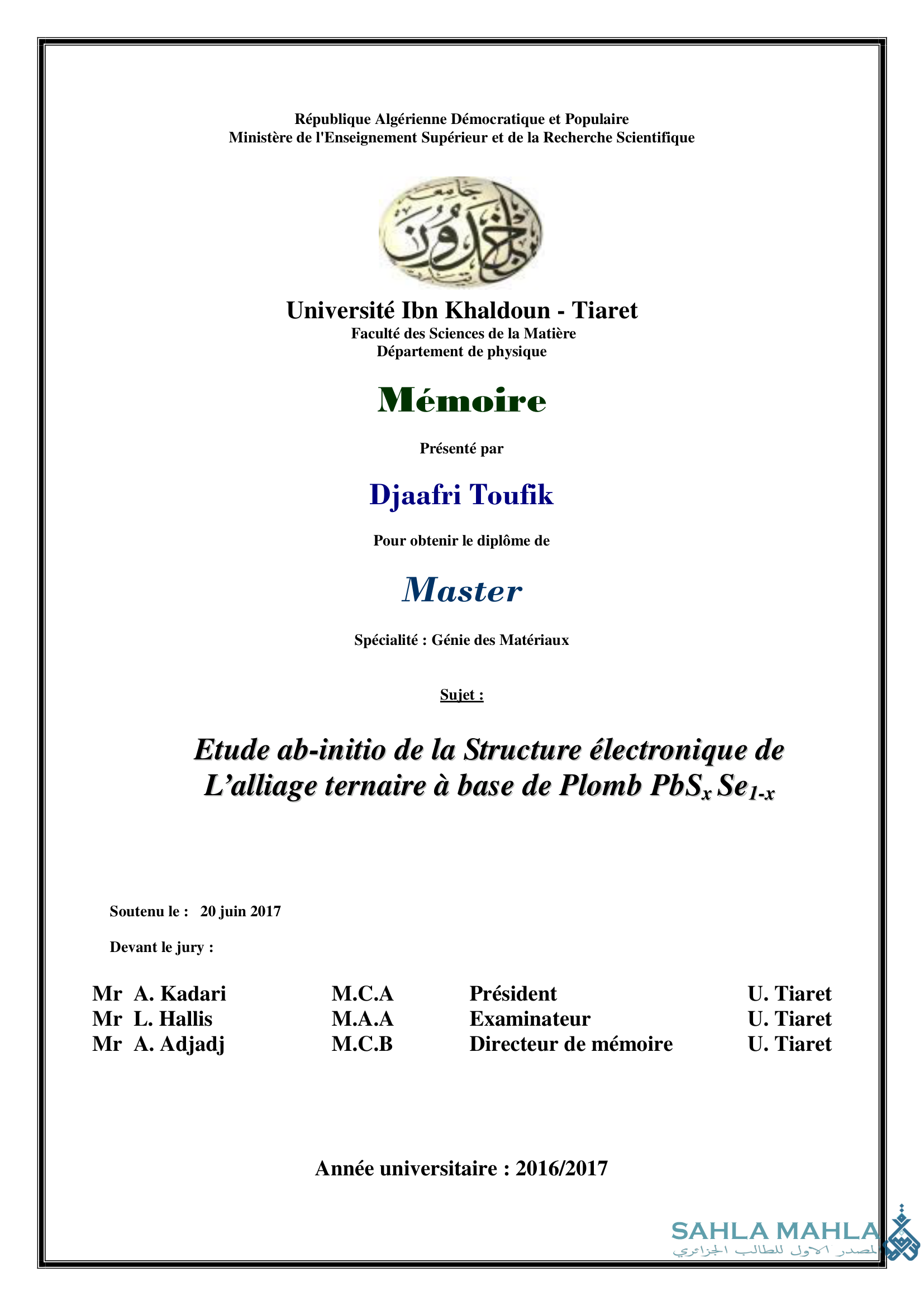 Etude ab-initio de la Structure électronique de L'alliage ternaire à base de Plomb PbSx Se1-x