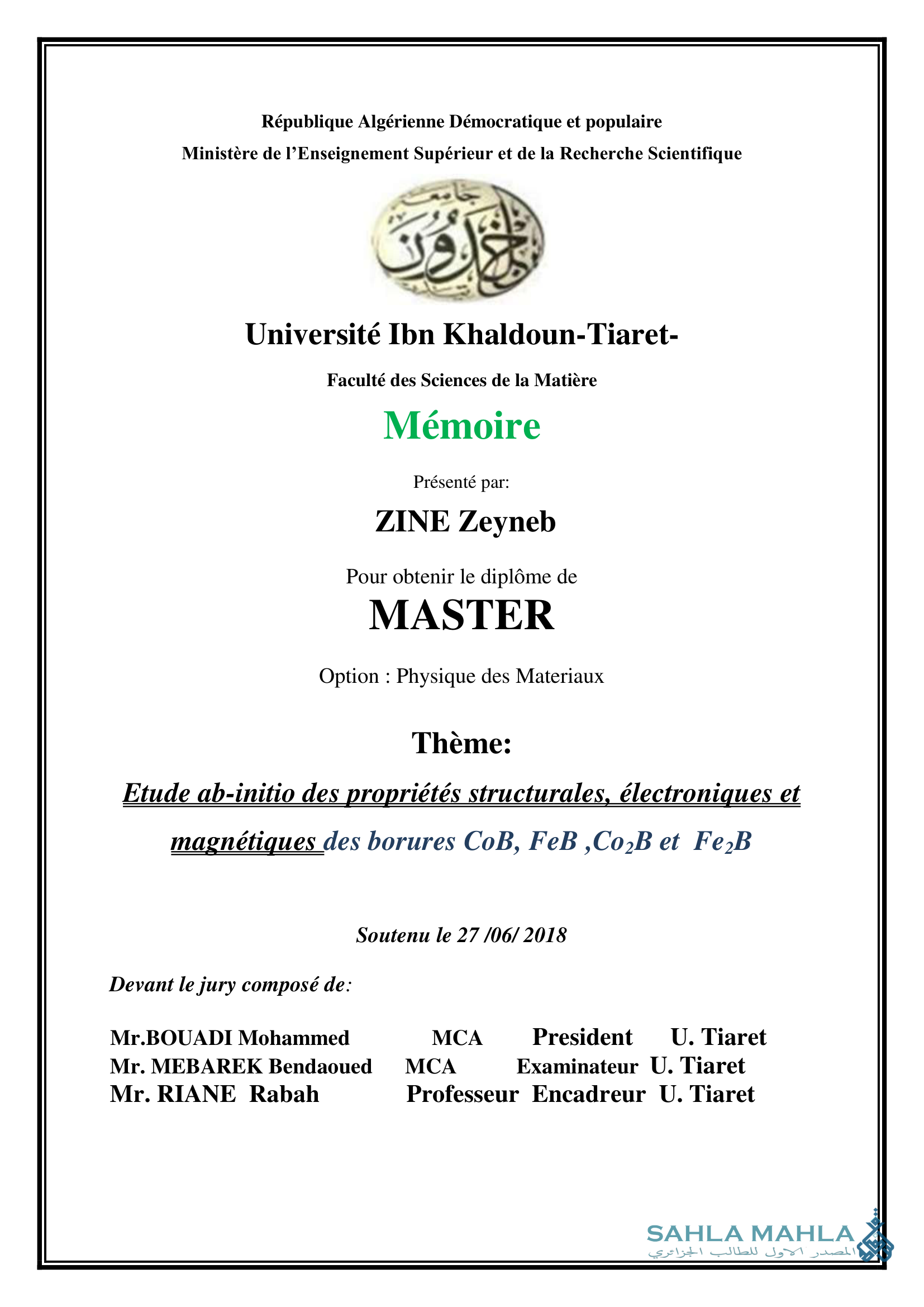 Etude ab-initio des propriétés structurales, électroniques et magnétiques des borures CoB, FeB,Co2B et Fe2B