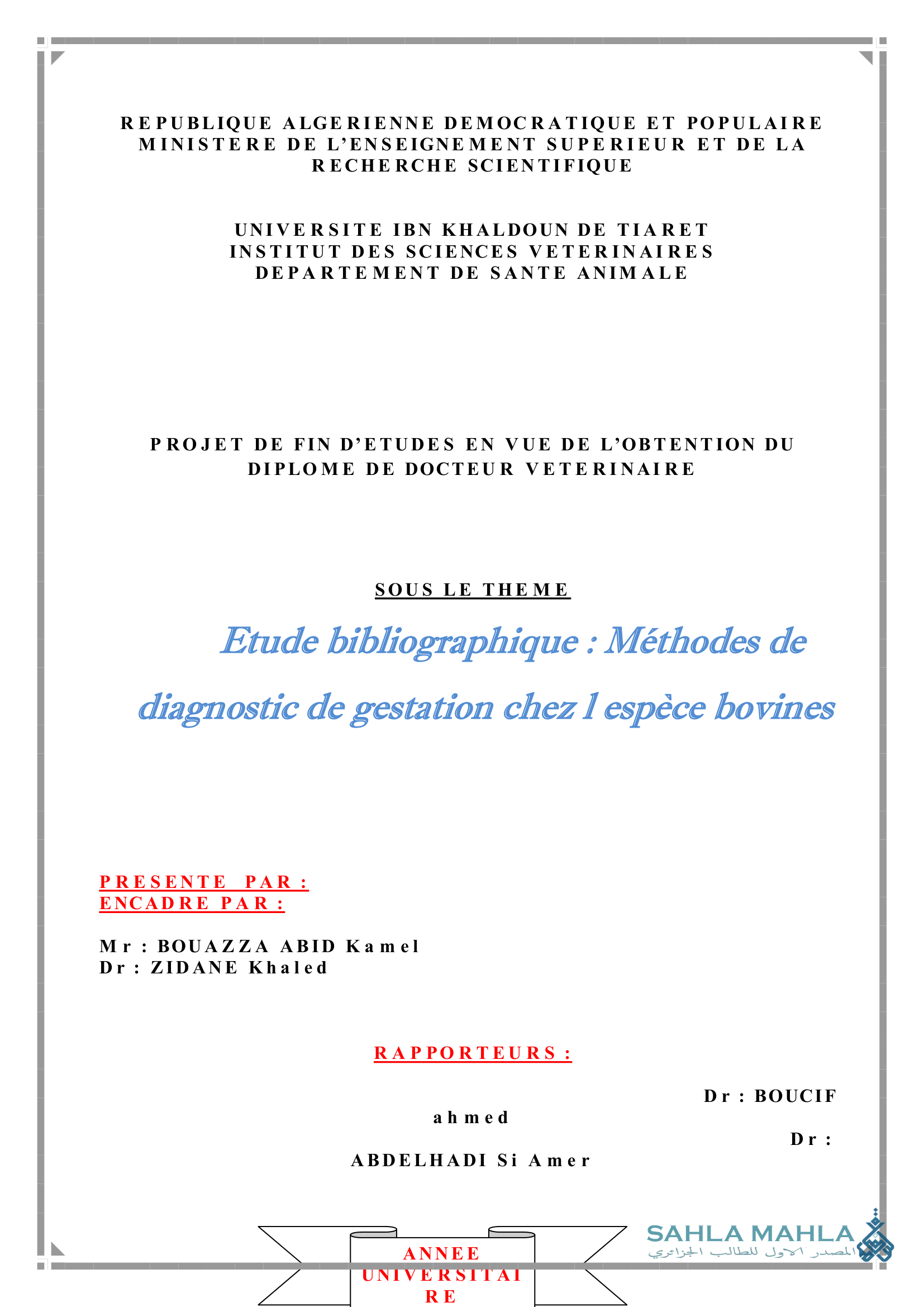Etude bibliographique : Méthodes de diagnostic de gestation chez 1 espèce bovines