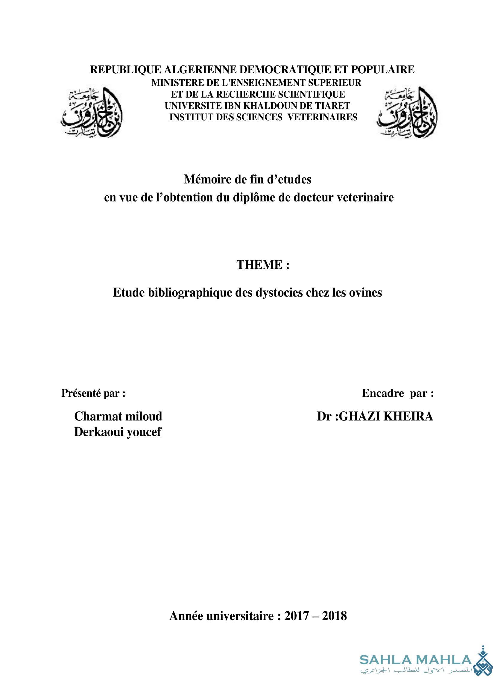 Etude bibliographique des dystocies chez les ovines